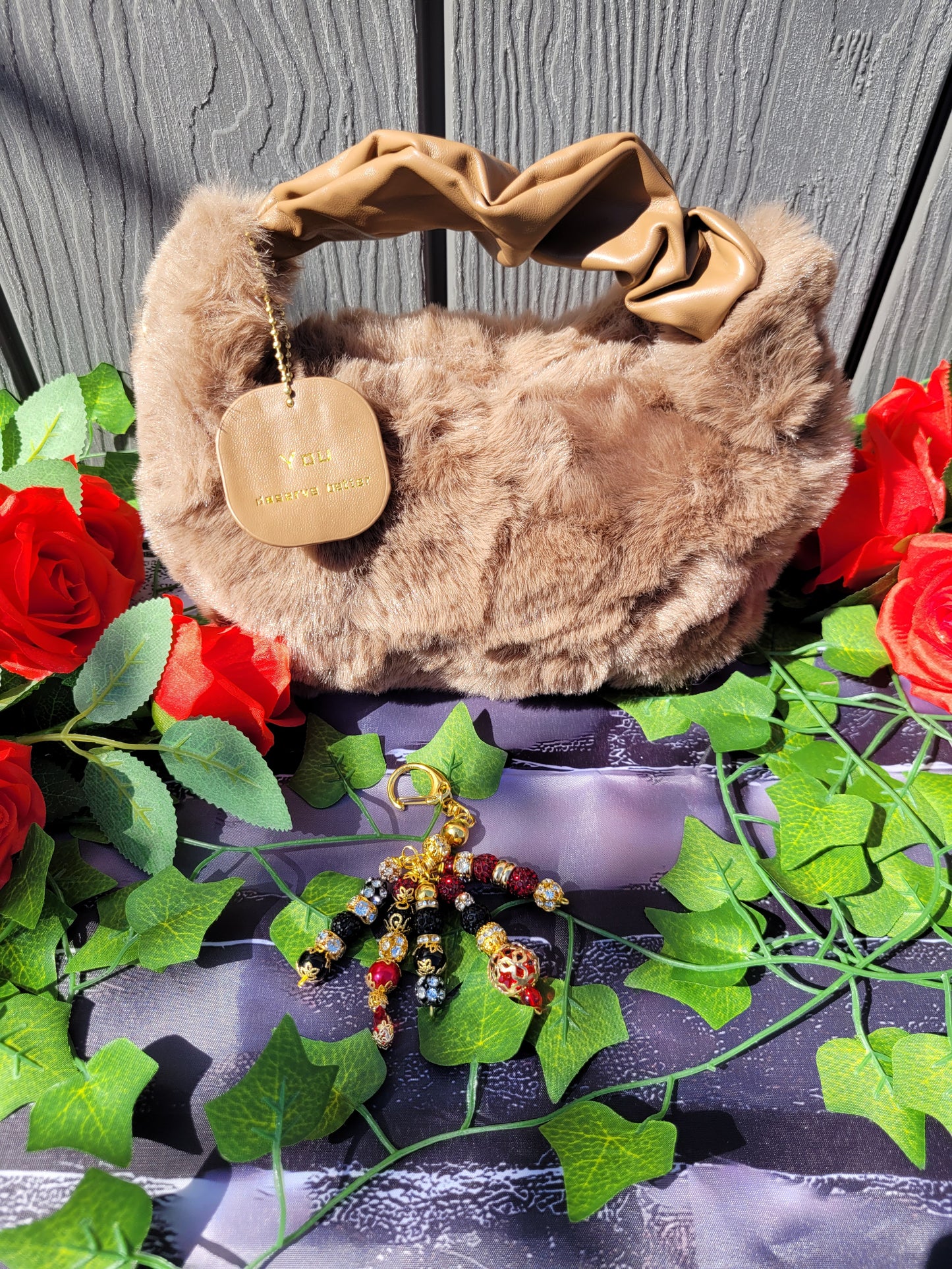 Soft Plush Faux Fur Crossbody Bag with Dangle Keychain