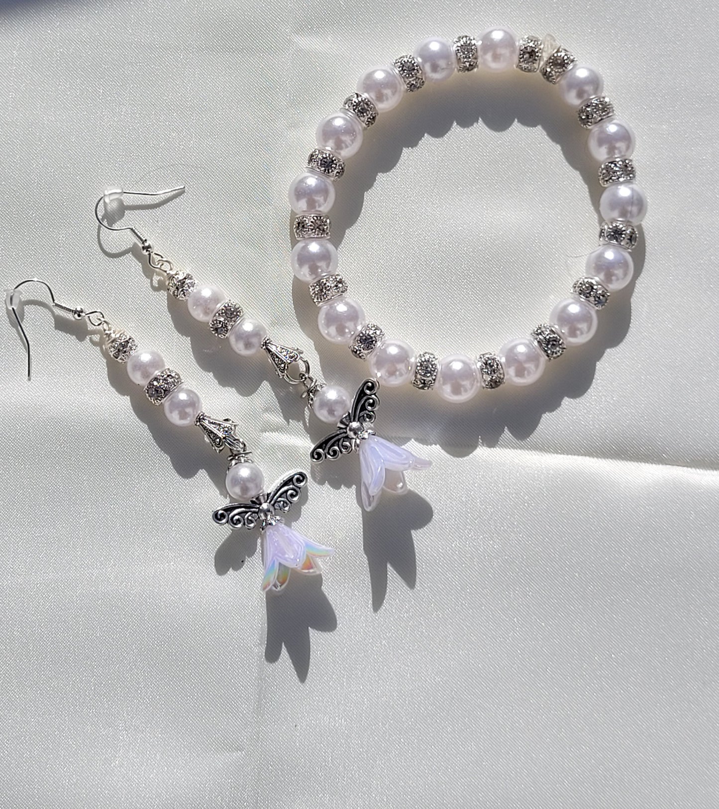 Elegant White Angel Bracelet and Earring Set