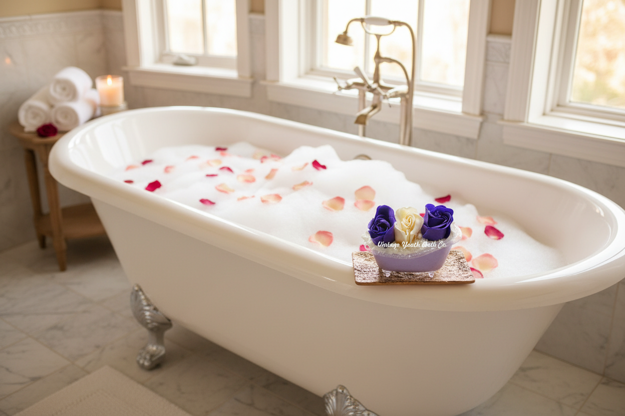 Soap Rose Tub Bath Salts with rose petals on bubbles