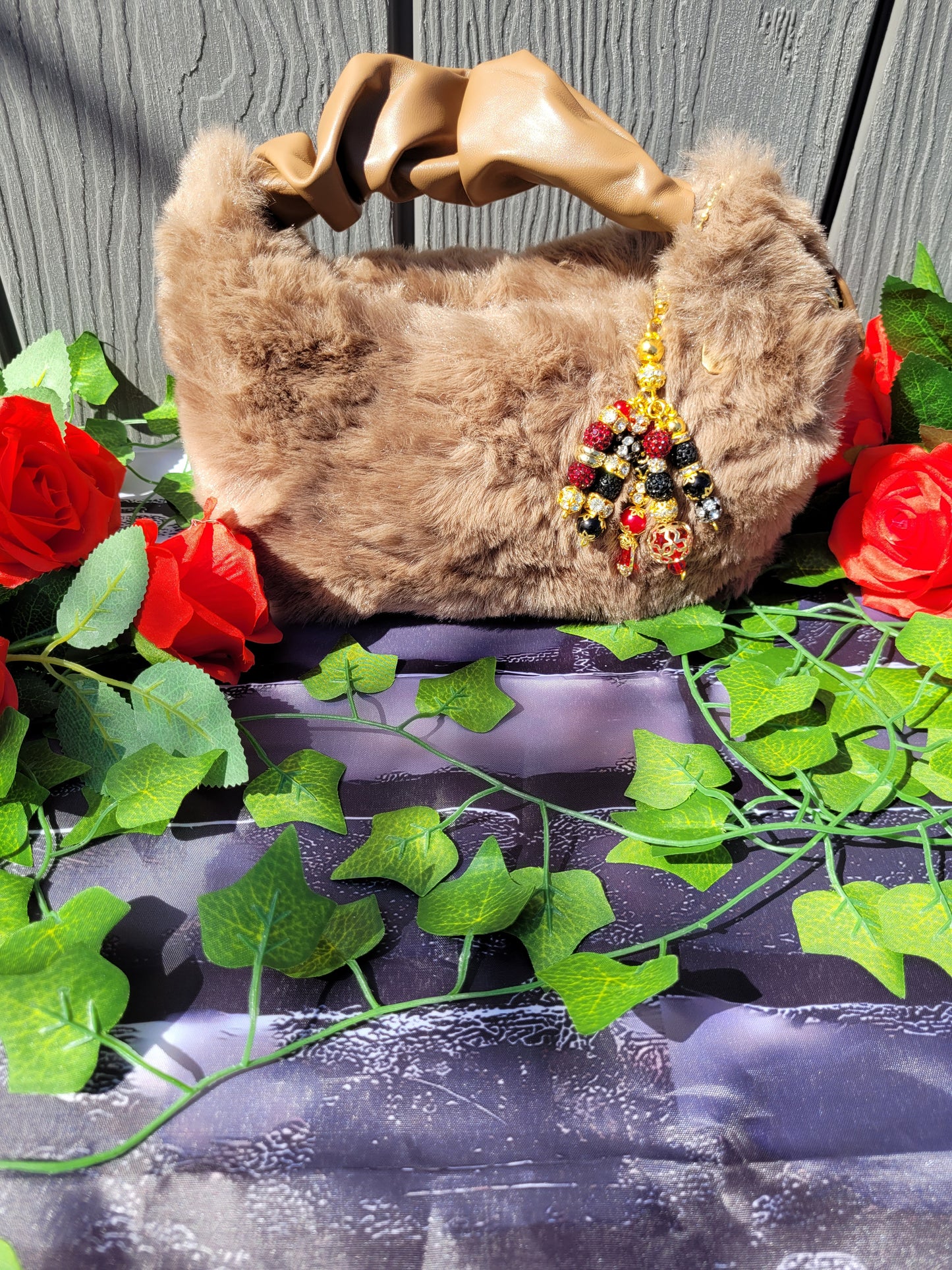 Soft Plush Faux Fur Crossbody Bag with Dangle Keychain