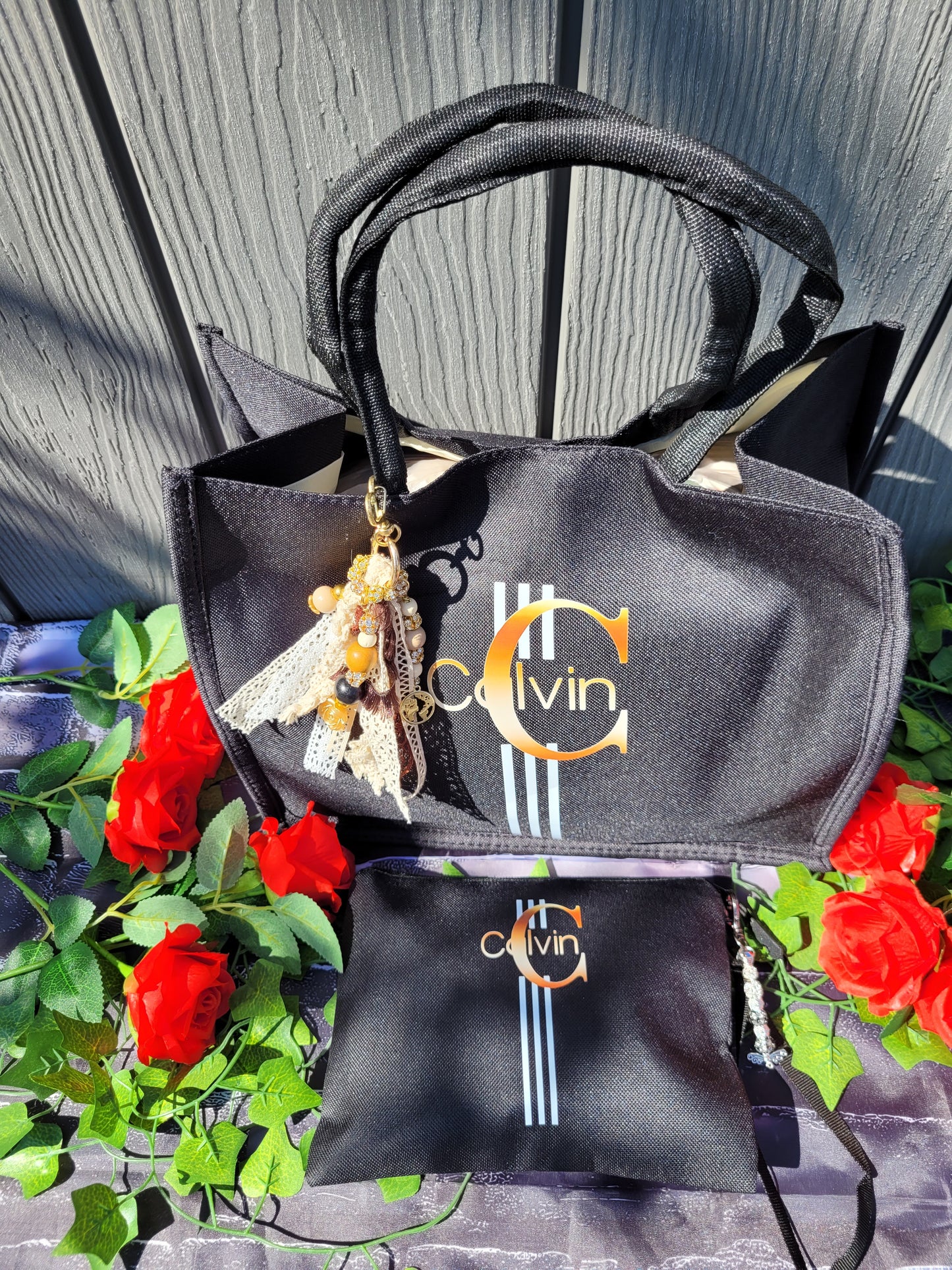 Faux Letter Printed Tote with Dangle