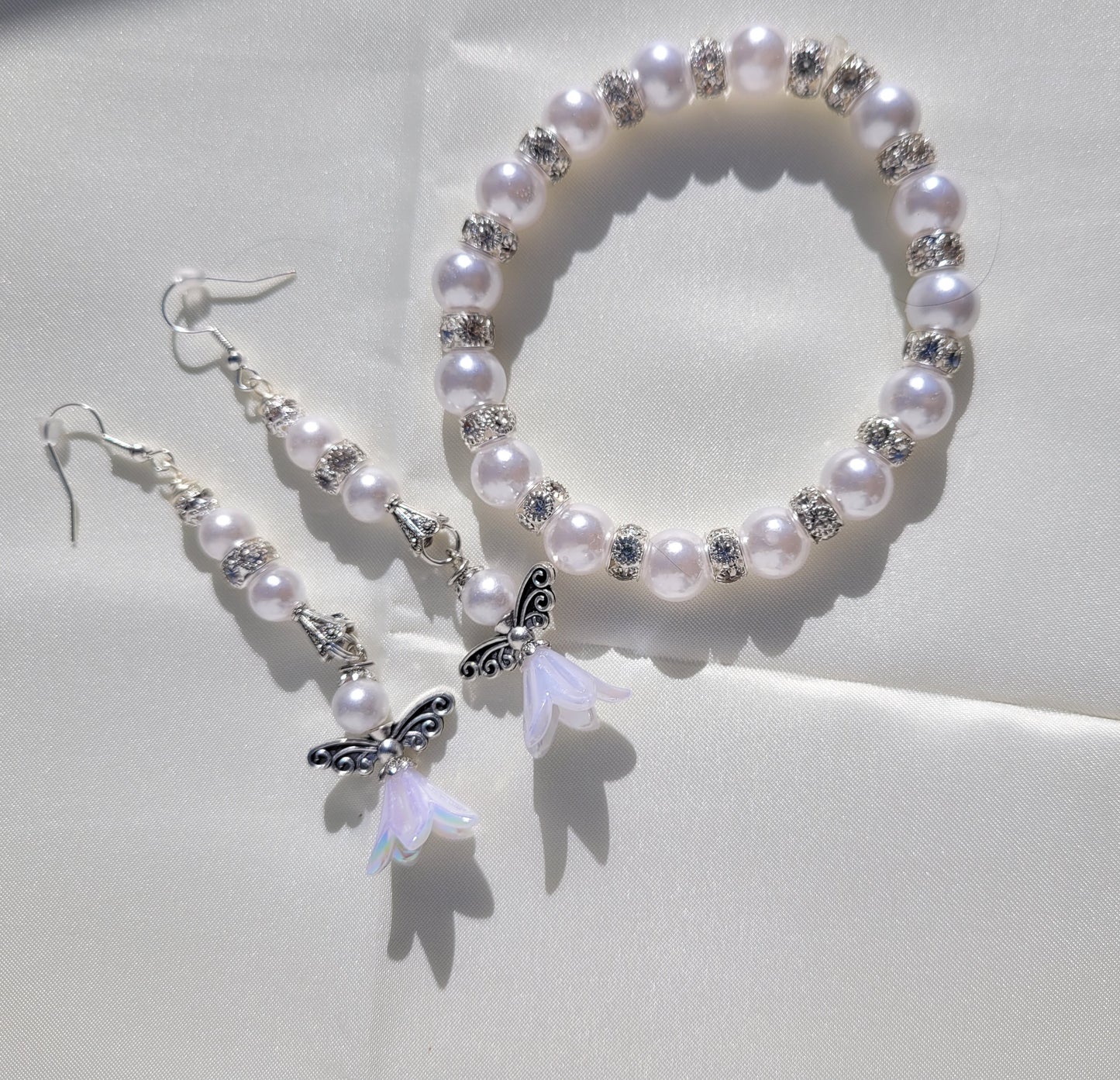 Elegant White Angel Bracelet and Earring Set