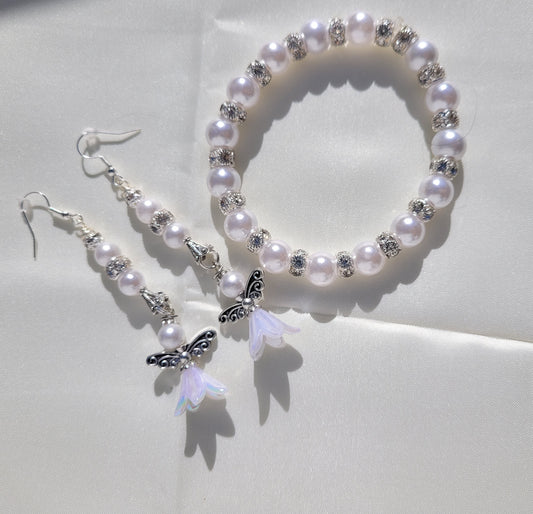 Elegant White Angel Bracelet and Earring Set