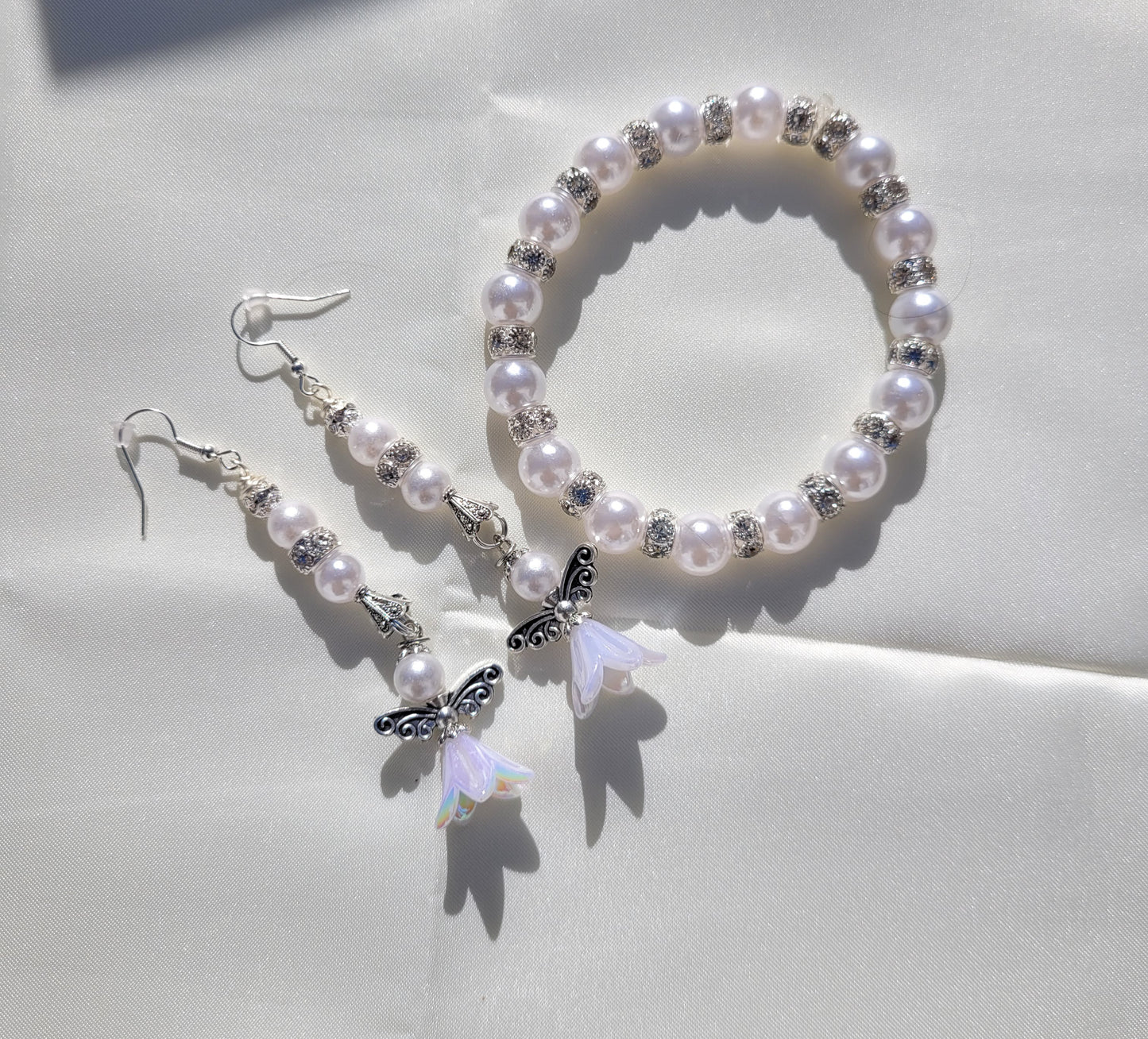 Elegant White Angel Bracelet and Earring Set