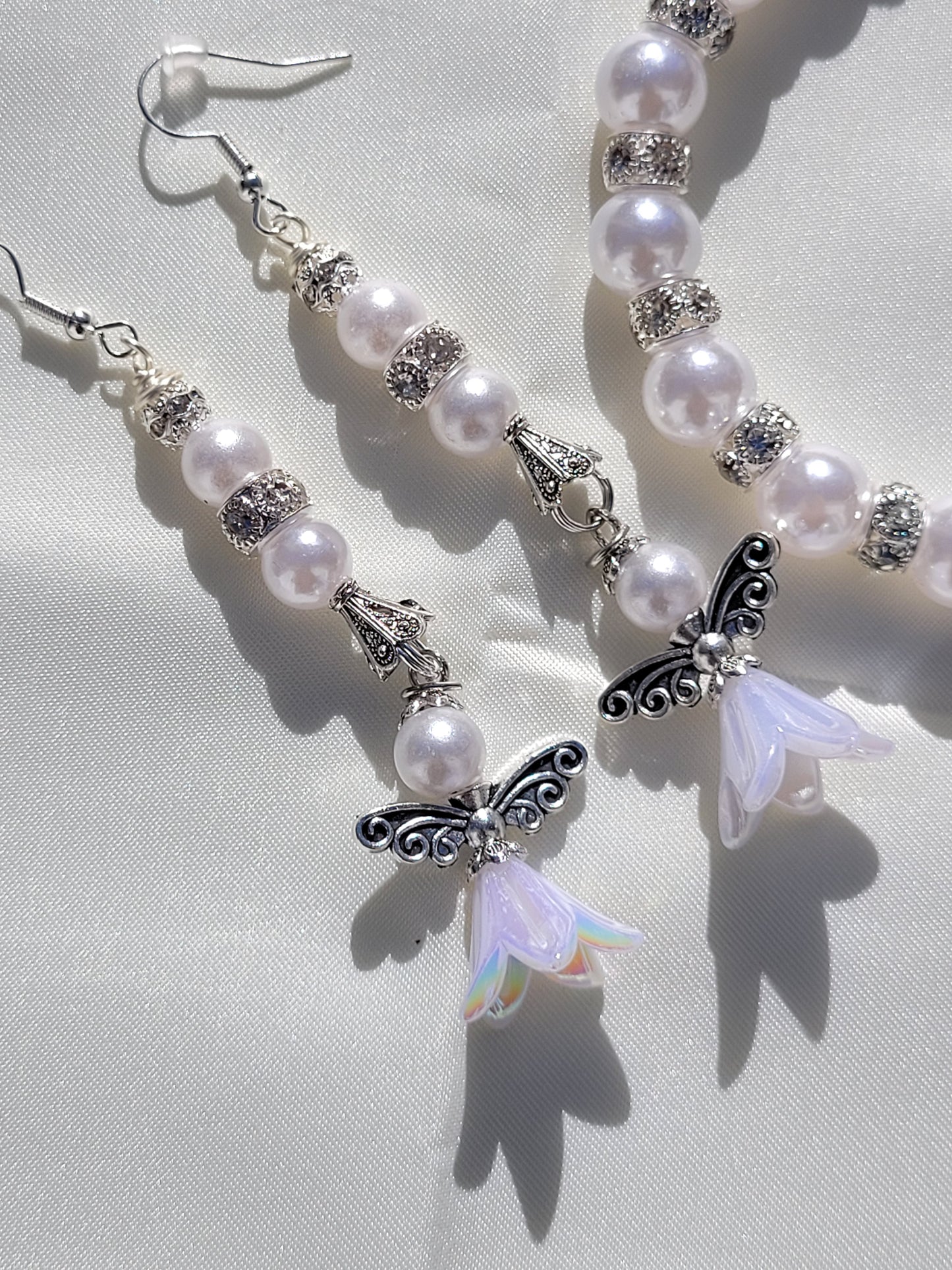 Elegant White Angel Bracelet and Earring Set