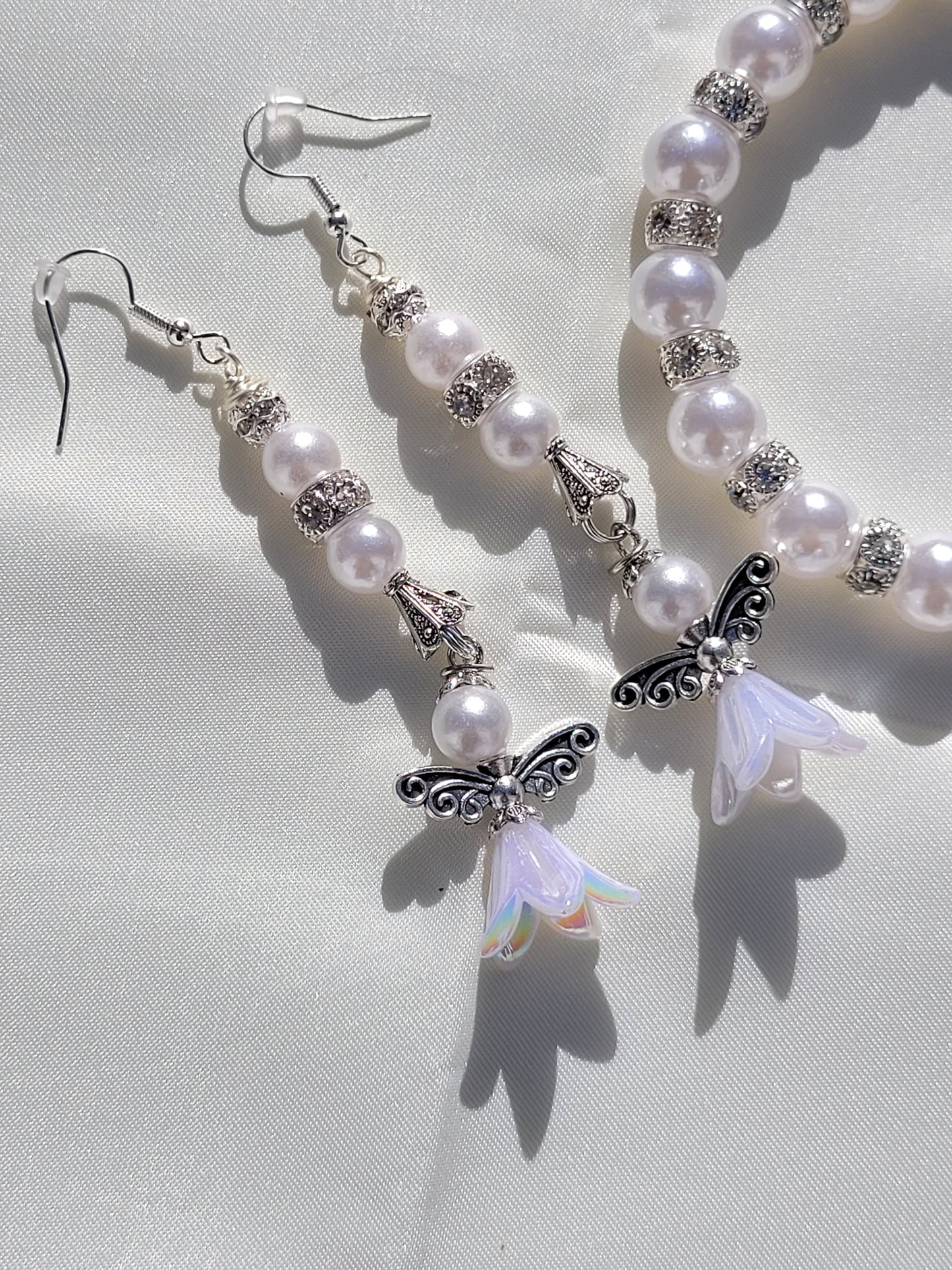 Elegant White Angel Bracelet and Earring Set