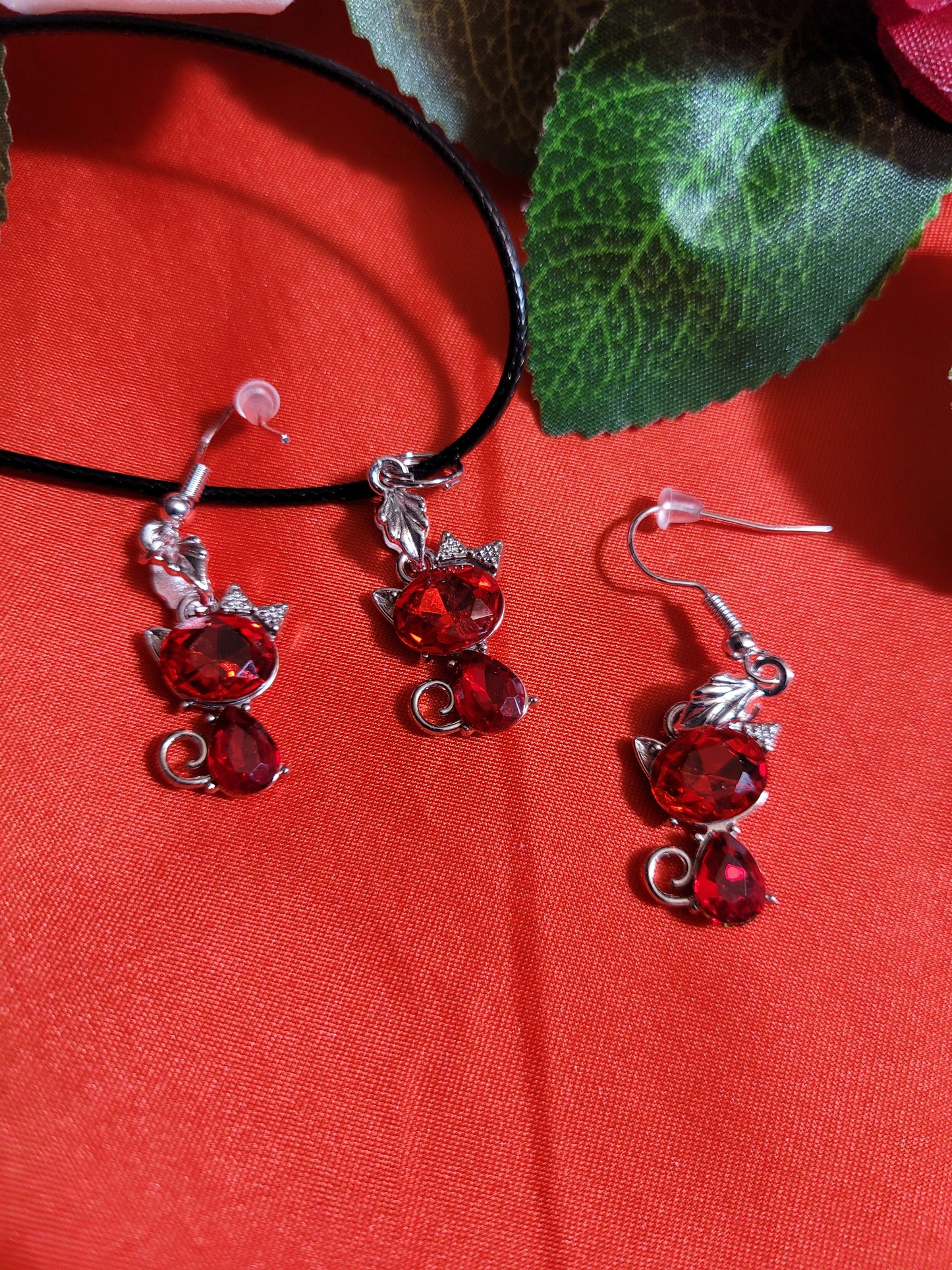 Red Kitty Necklace and Earring Set
