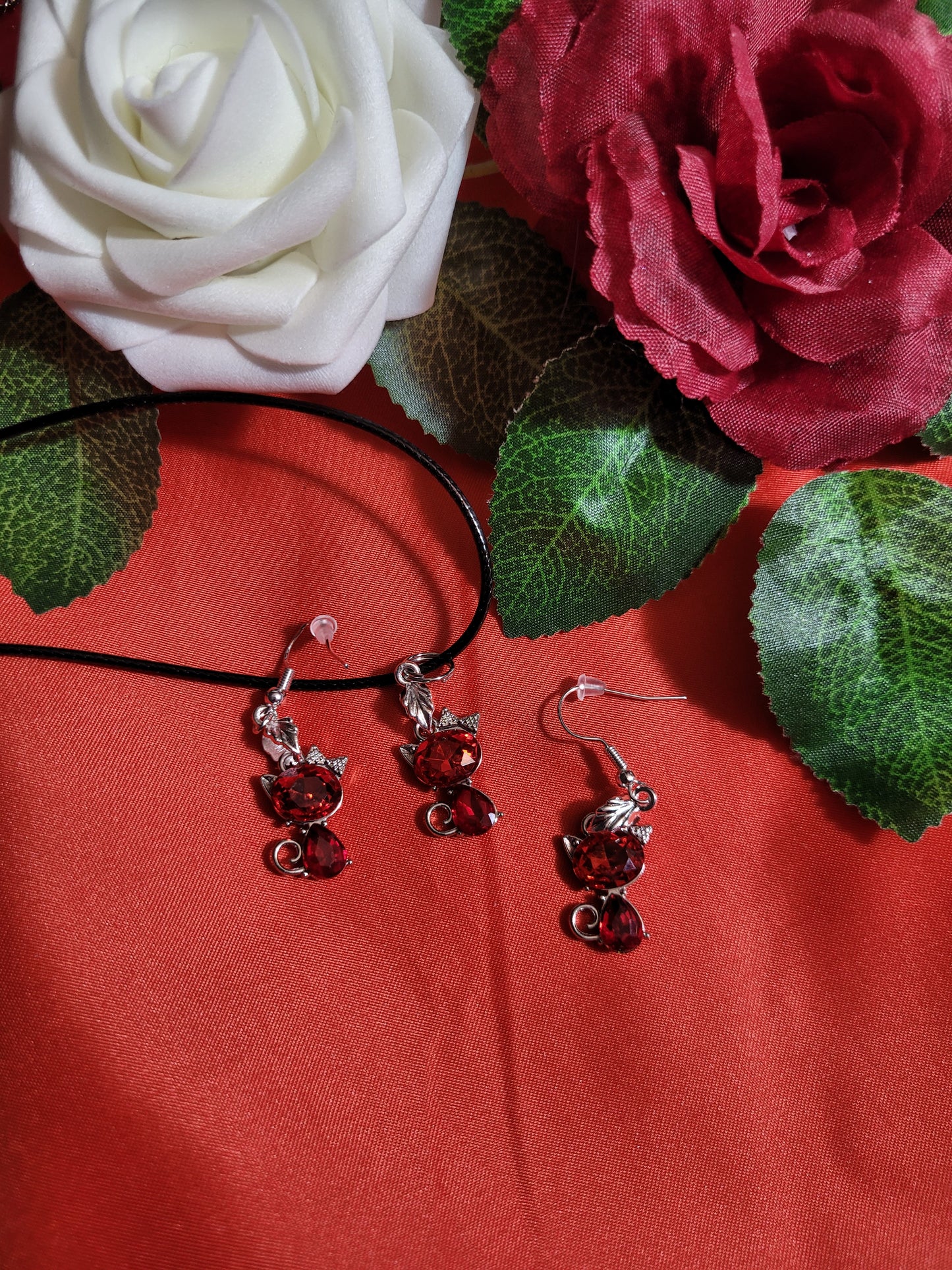 Red Kitty Necklace and Earring Set