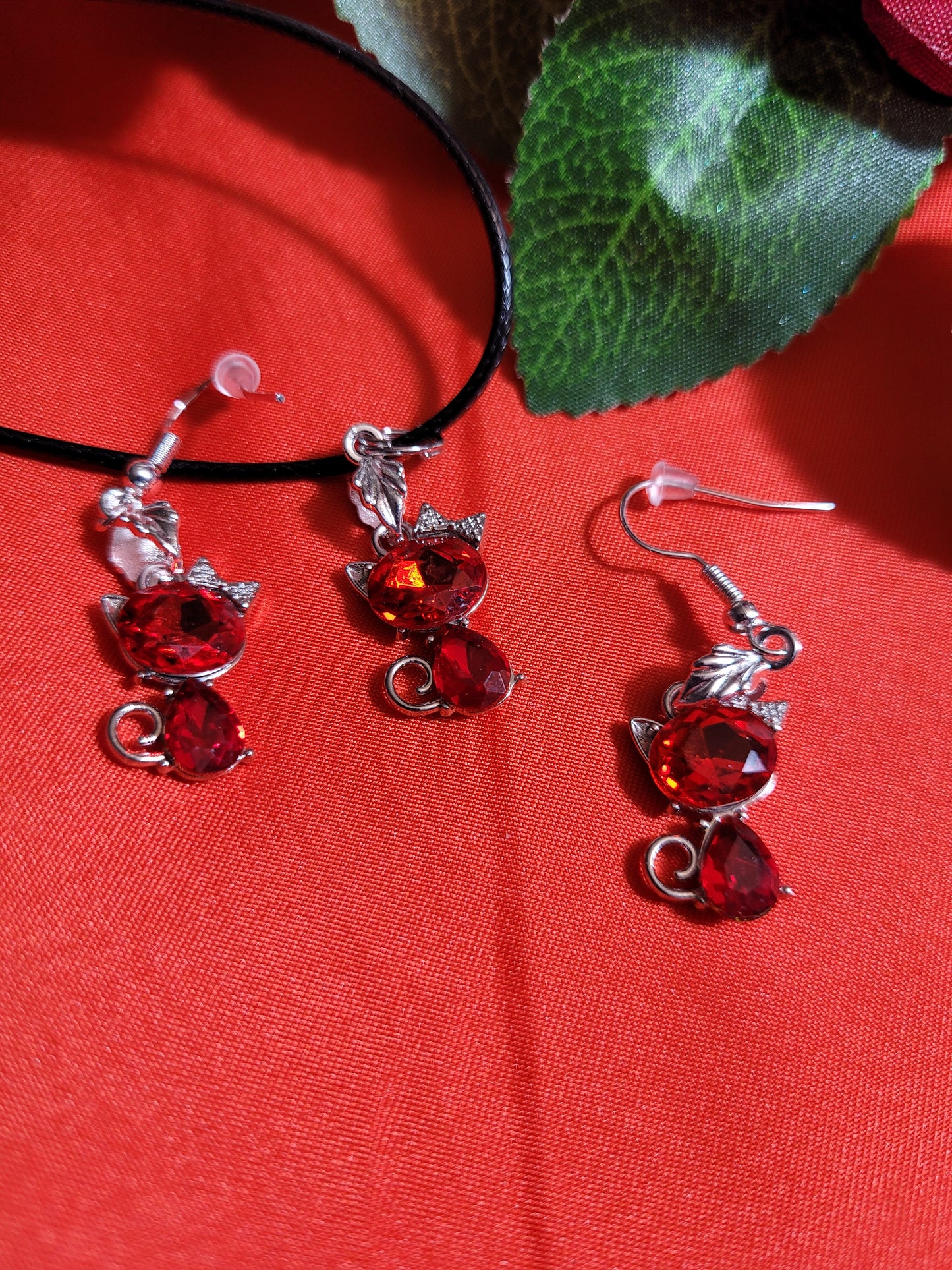 Red Kitty Necklace and Earring Set