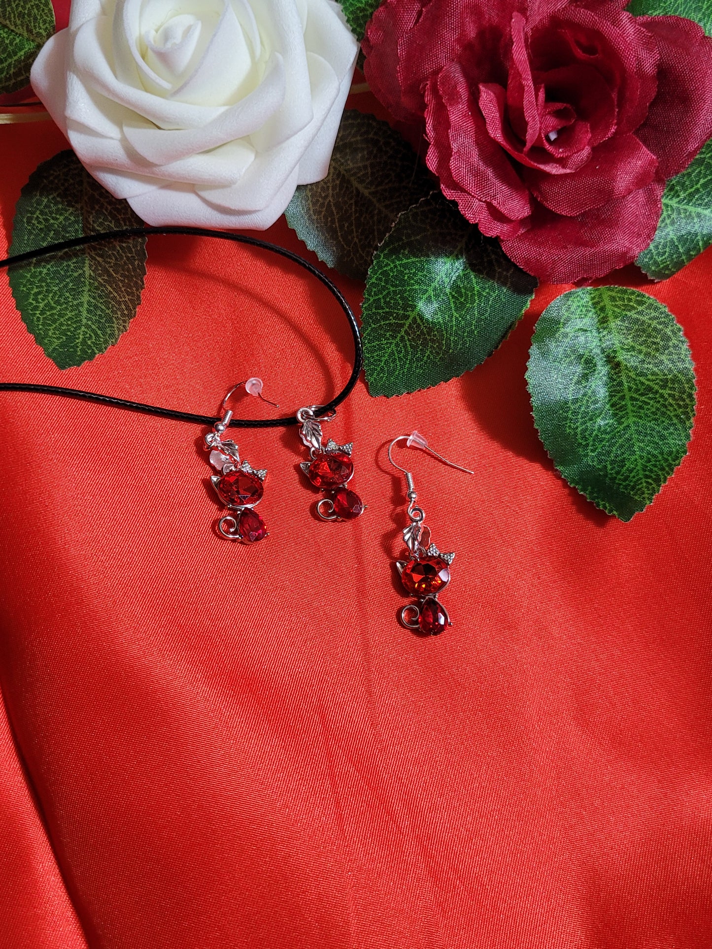 Red Kitty Necklace and Earring Set