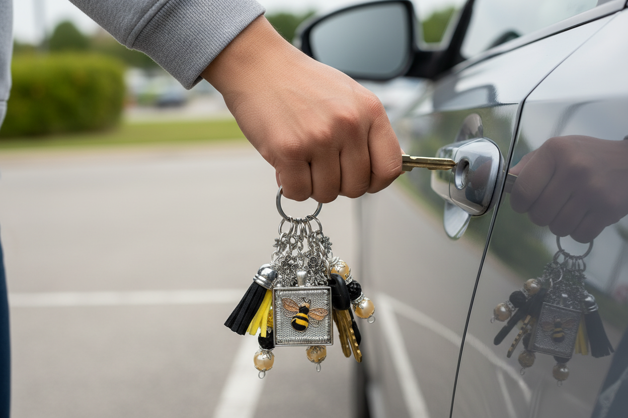 Bee Keychain lifestyle image with person opening car door