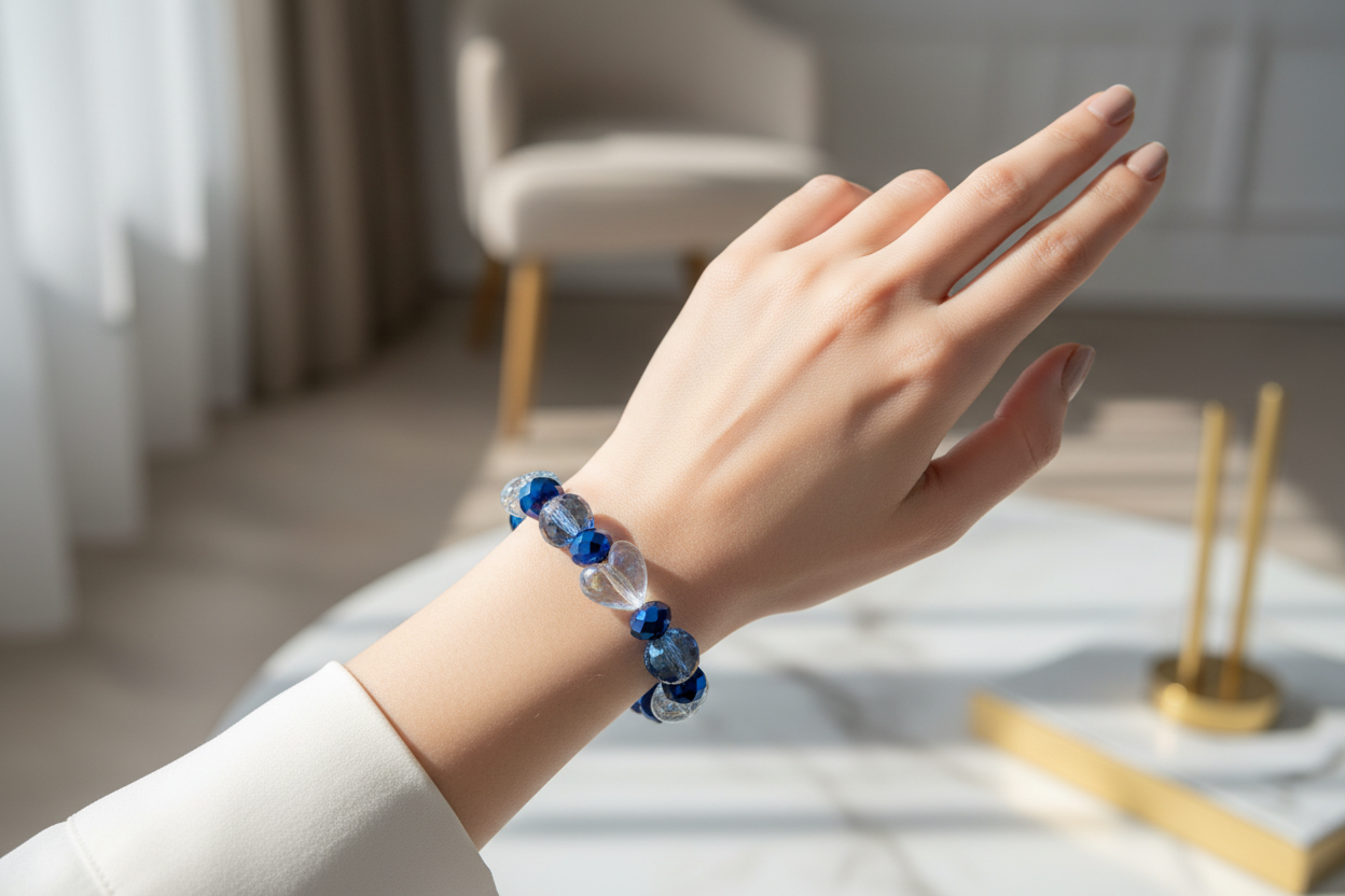 Blue Heart Bracelet worn by woman
