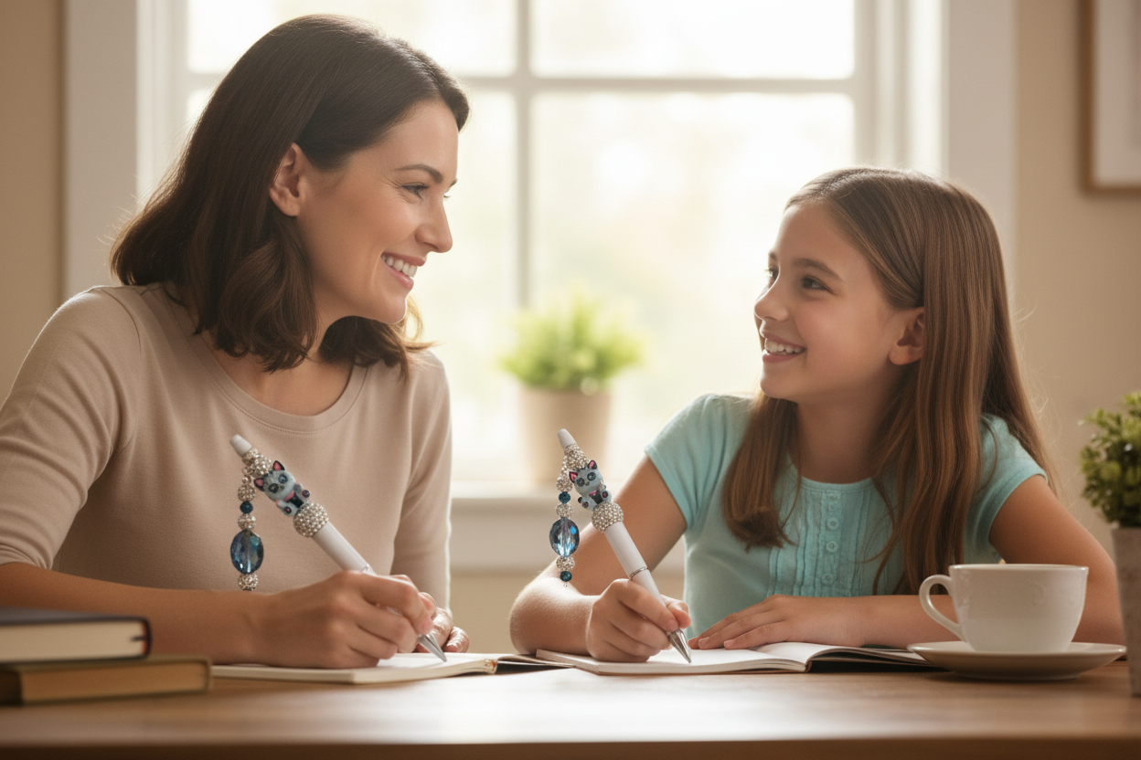 Blue Kitty Pen lifestyle image with mom and daughter using matching pens