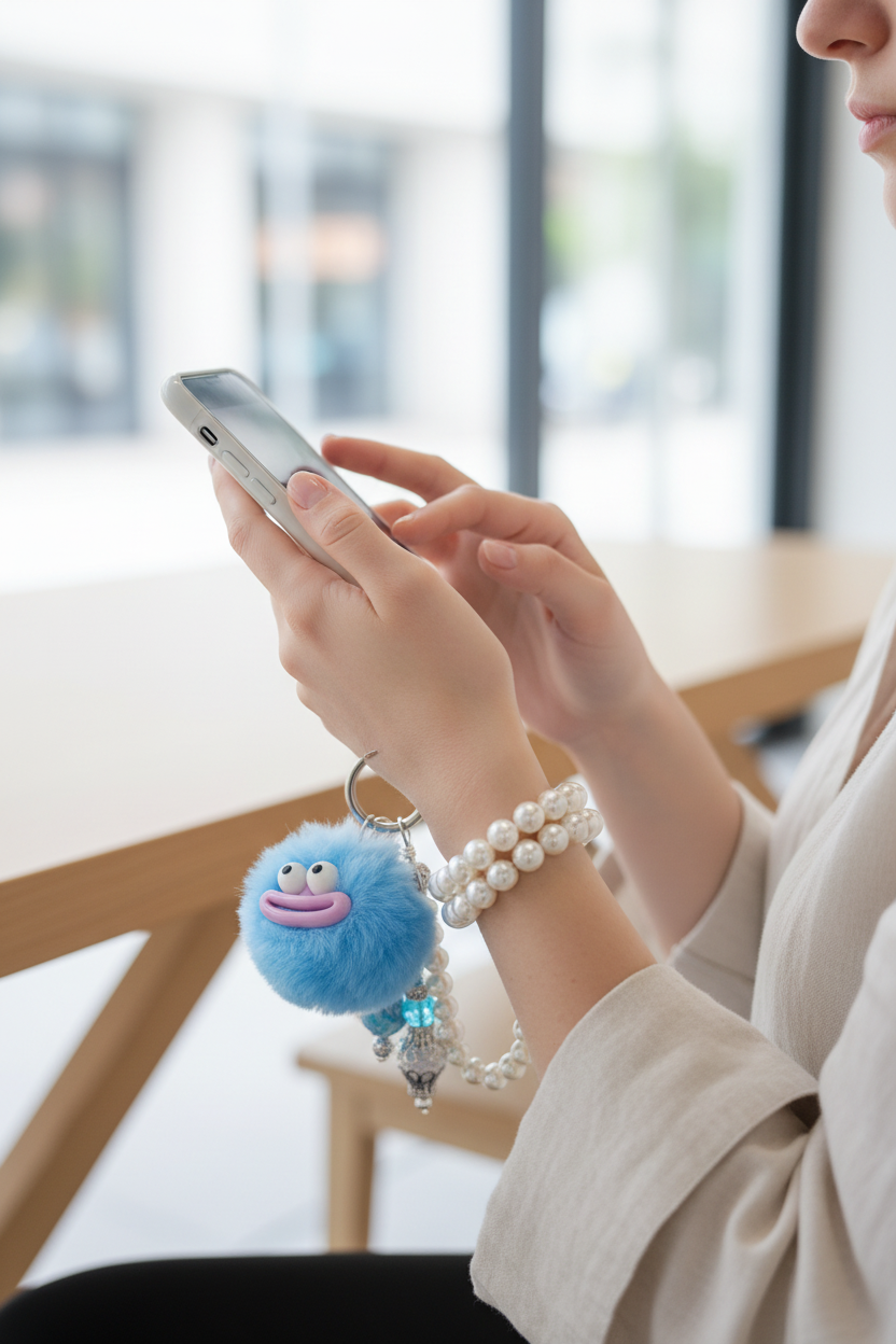 Blue Puff Dangel - Texting with wrist strap security