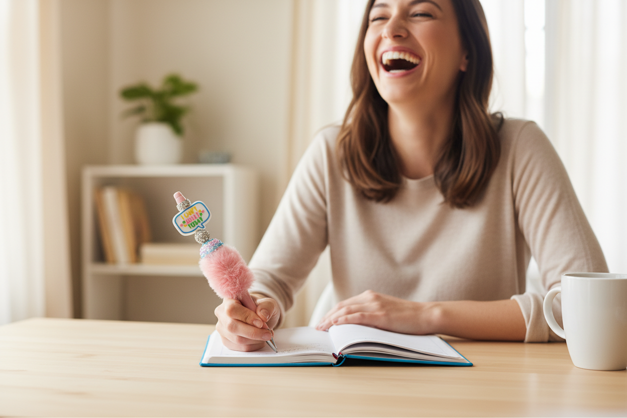 Can't Adult Today Pen lifestyle image with woman laughing