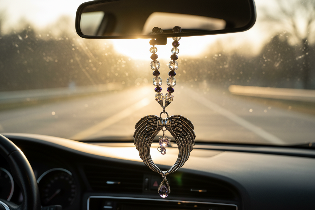 Car Mirror Charms hanging from rearview mirror sparkling in sunlight