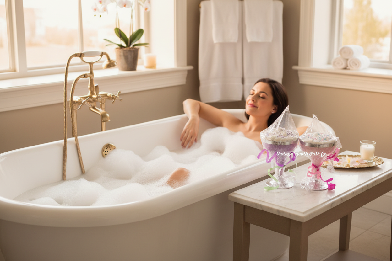 Champagne Glass Bath Salts with woman enjoying bath