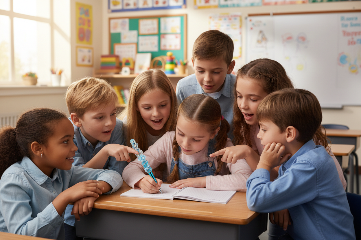 Child using Blue Carriage Pen at school with kids admiring