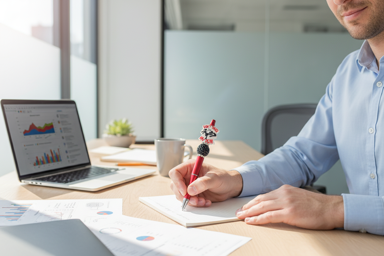 Don't Touch My Pen lifestyle image with man writing in office