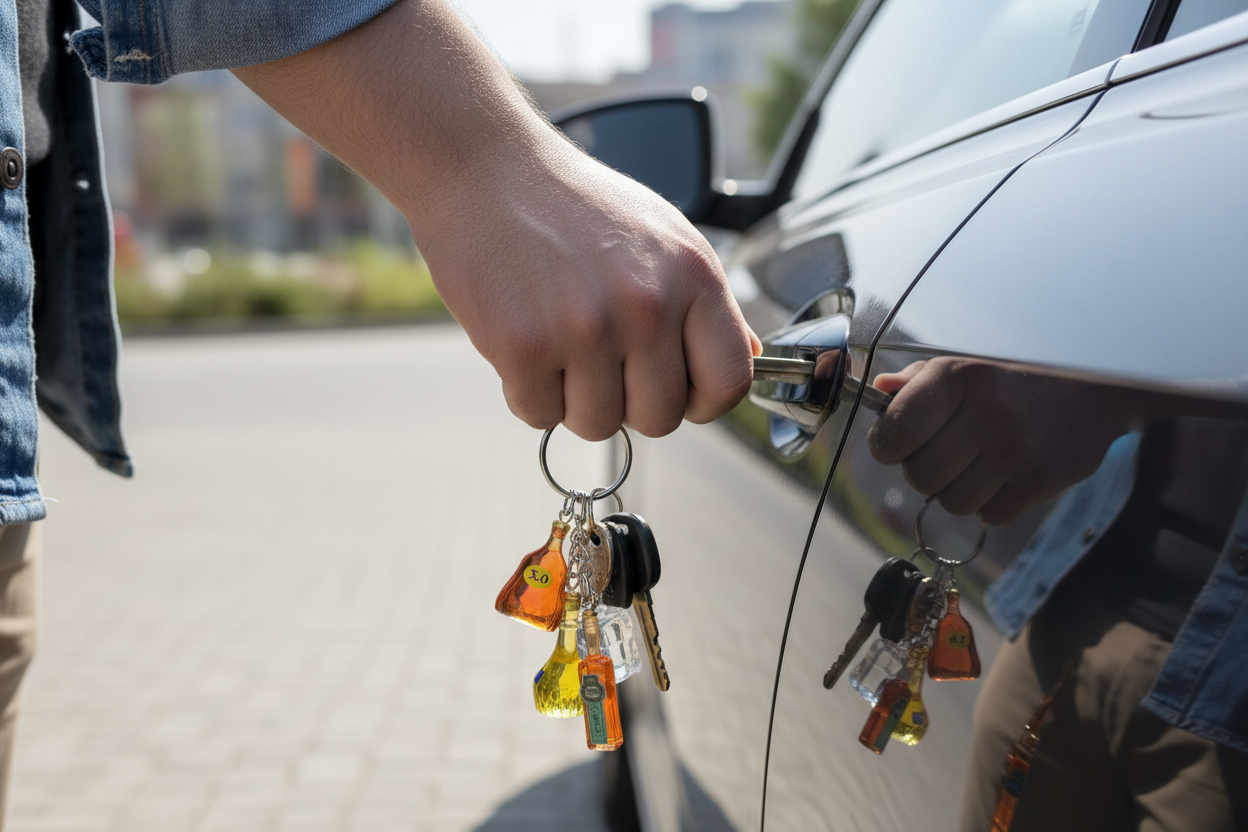 Drinkers Keychain lifestyle image with man opening car