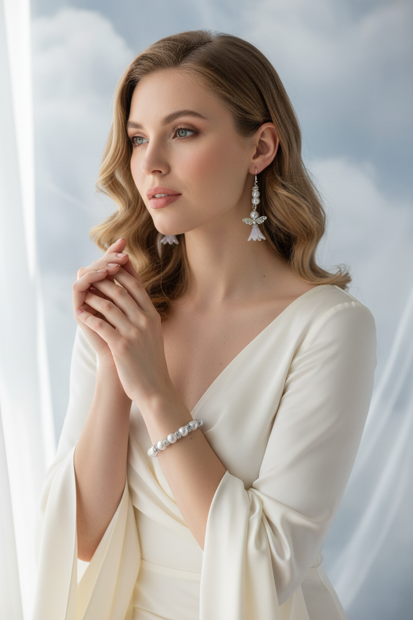 Elegant White Angel Bracelet and Earring Set lifestyle photo