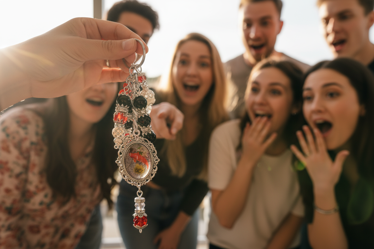 Fish Keychain lifestyle image with people asking if it's real