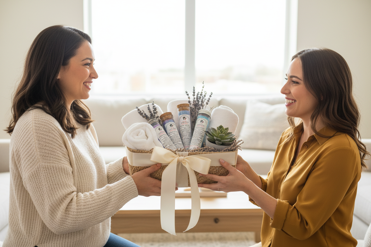 Good Karma Bath Salts gift basket scene