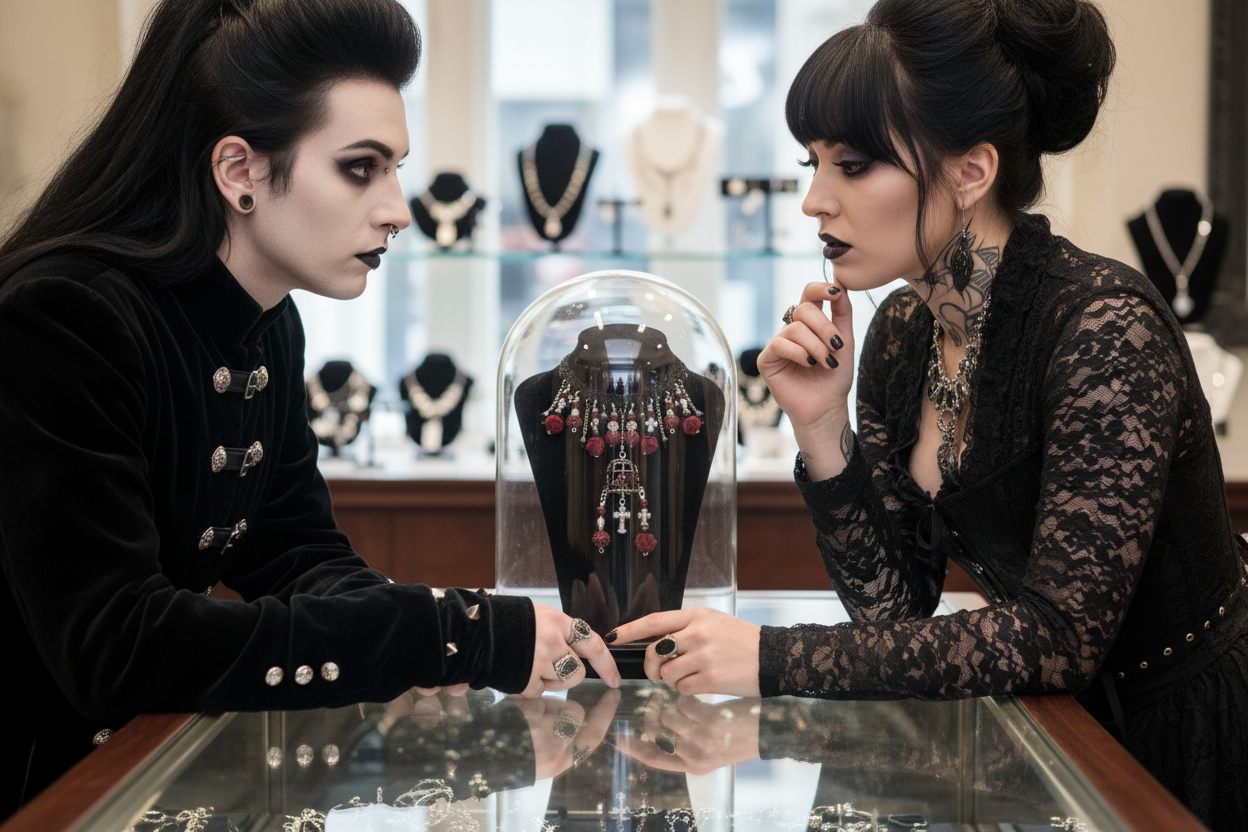 Gothic Choker with customers at jewelry counter