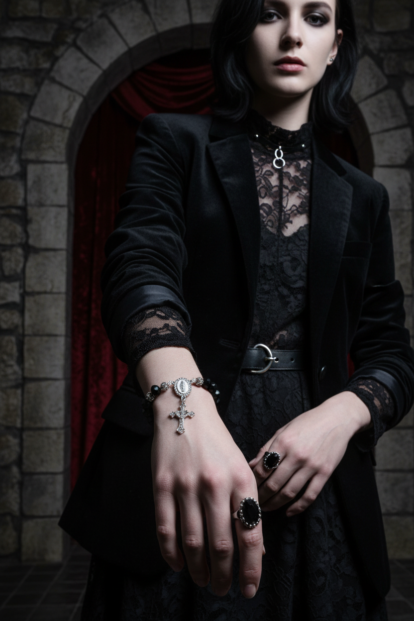 Gothic person wearing Black Bead Goth Rosary Bracelet