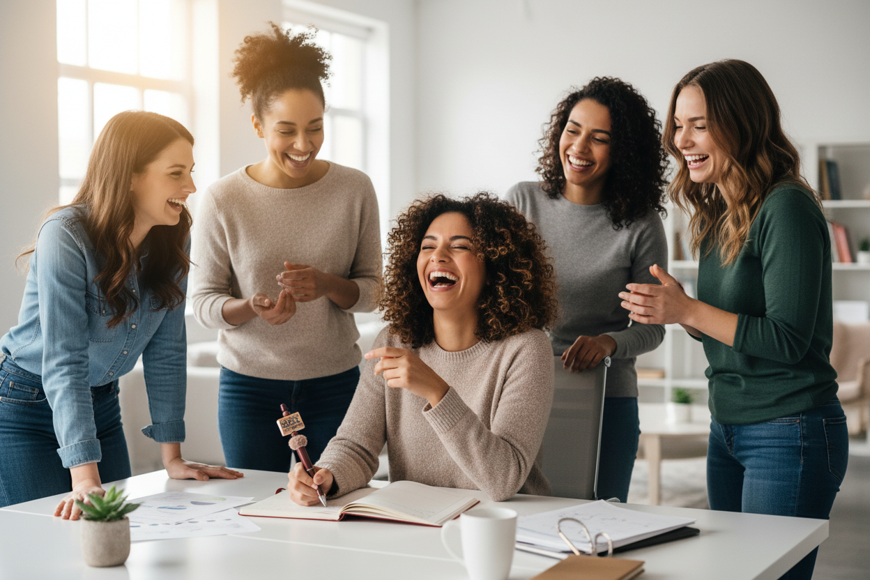 I Don't Dust Pen lifestyle image with women laughing