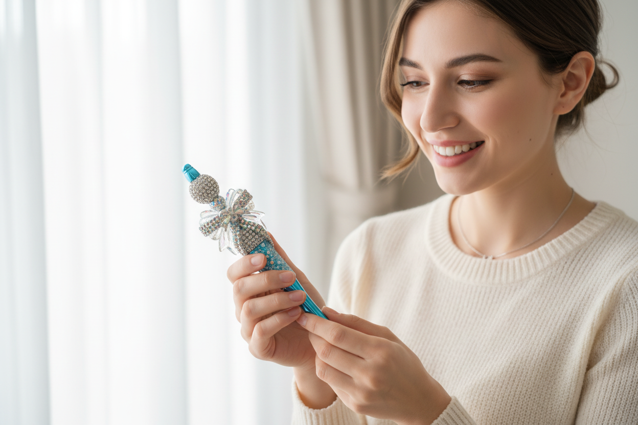 Lady admiring Blue Bow Pen sparkle at natural distance