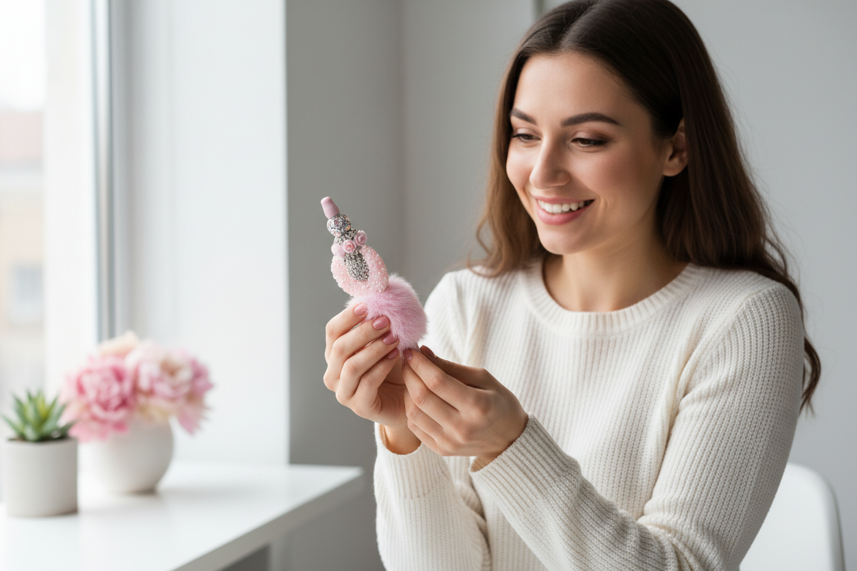 Lady holding and admiring pink beaded pen