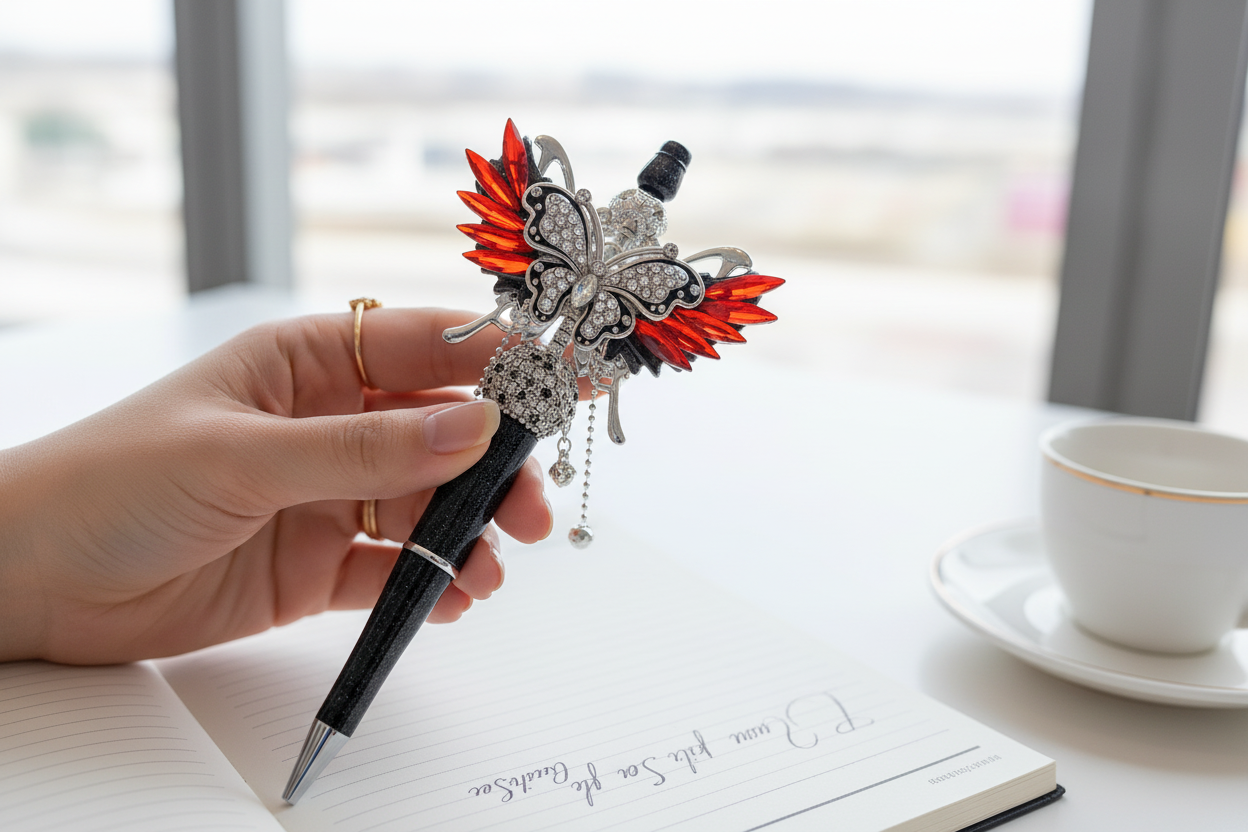 Lady holding Red Wing Pen at desk