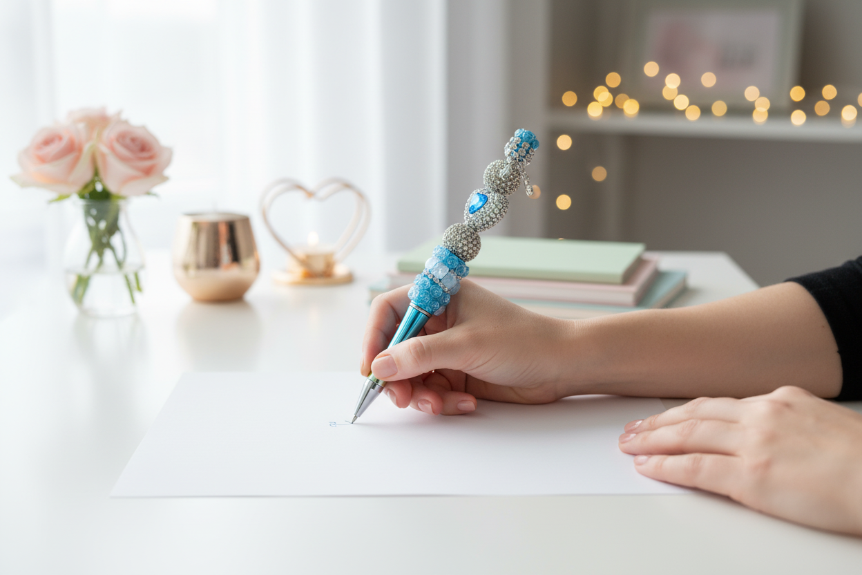 Lady using Blue Valentine Pen