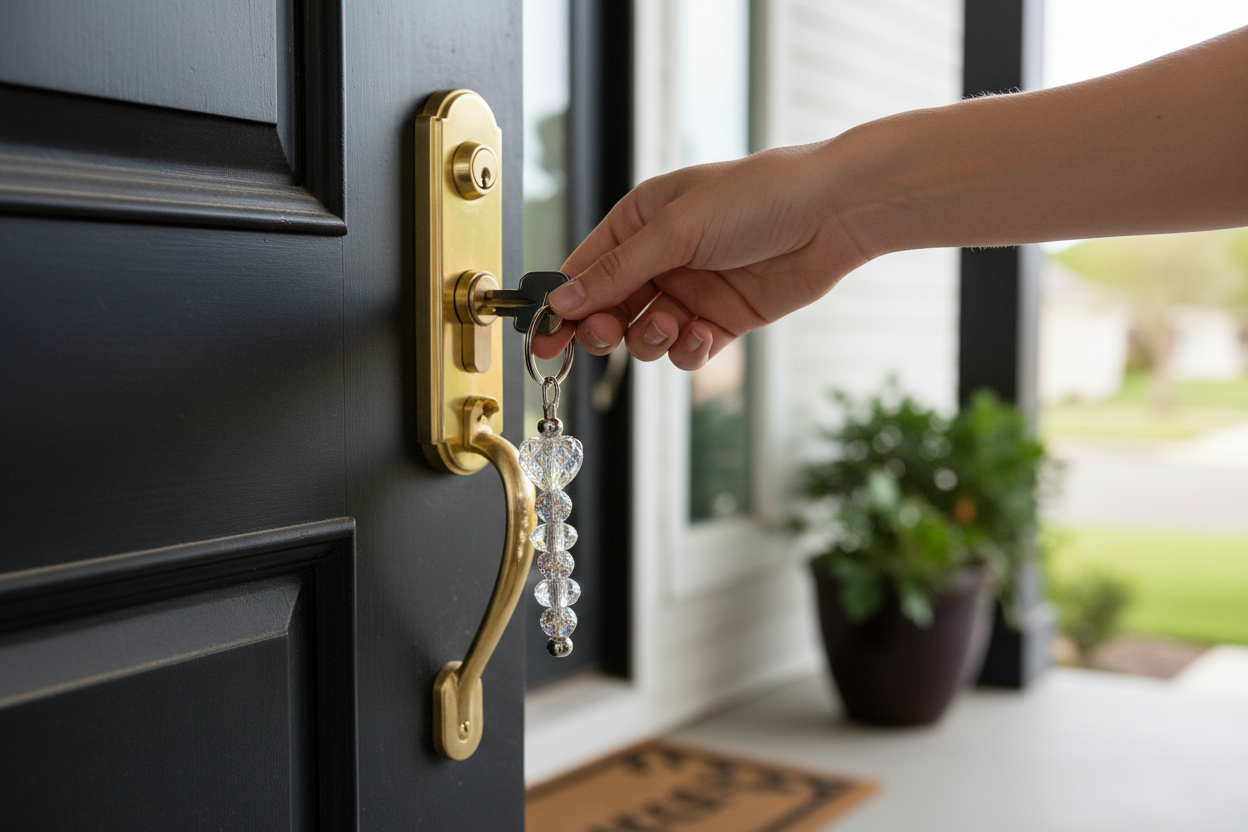 Lady using Clear Heart Keychain to open house door