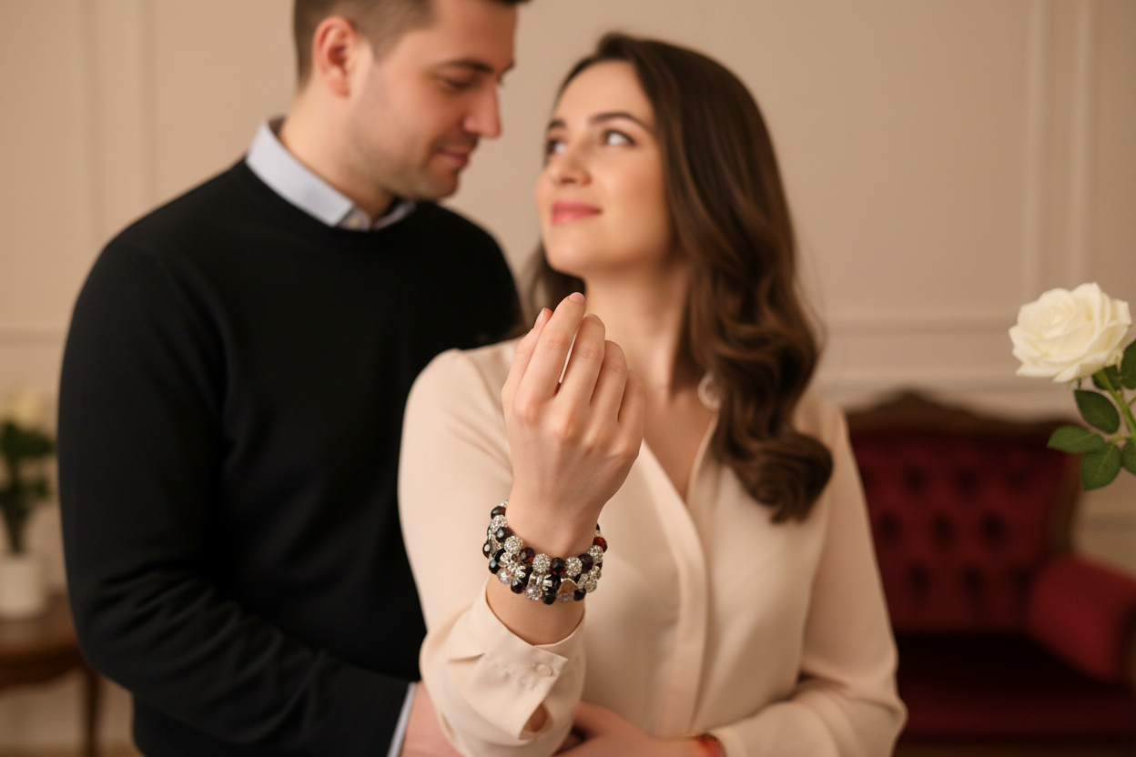 Lady wearing 3 Piece Valentine Bracelet Set with adoring husband