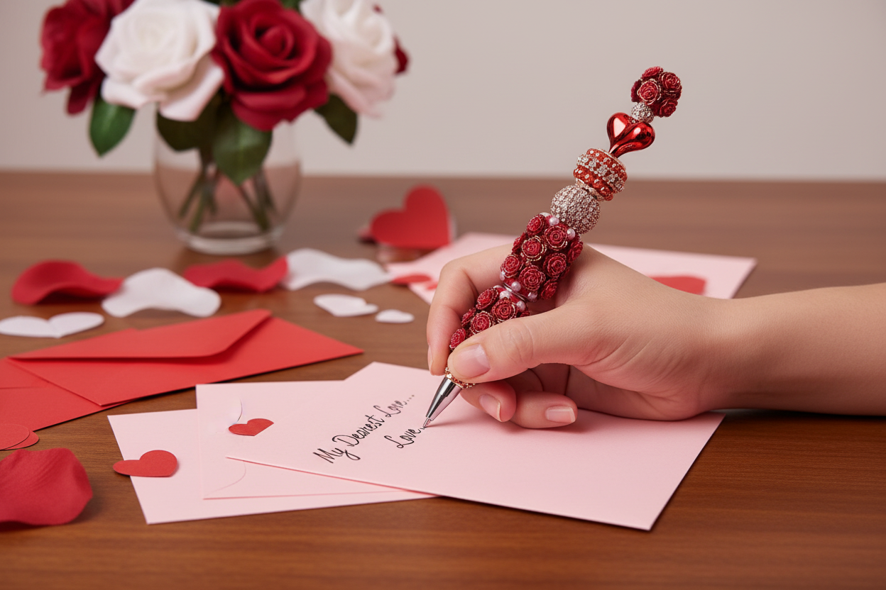 Lady writing Valentine's cards with Heart & Rose Beaded Pen