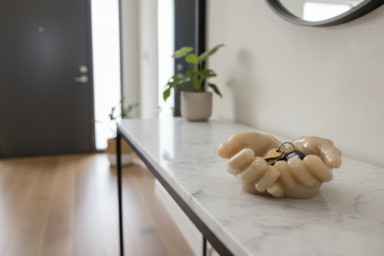 Large Resin Hand Dish close-up with keys at entryway