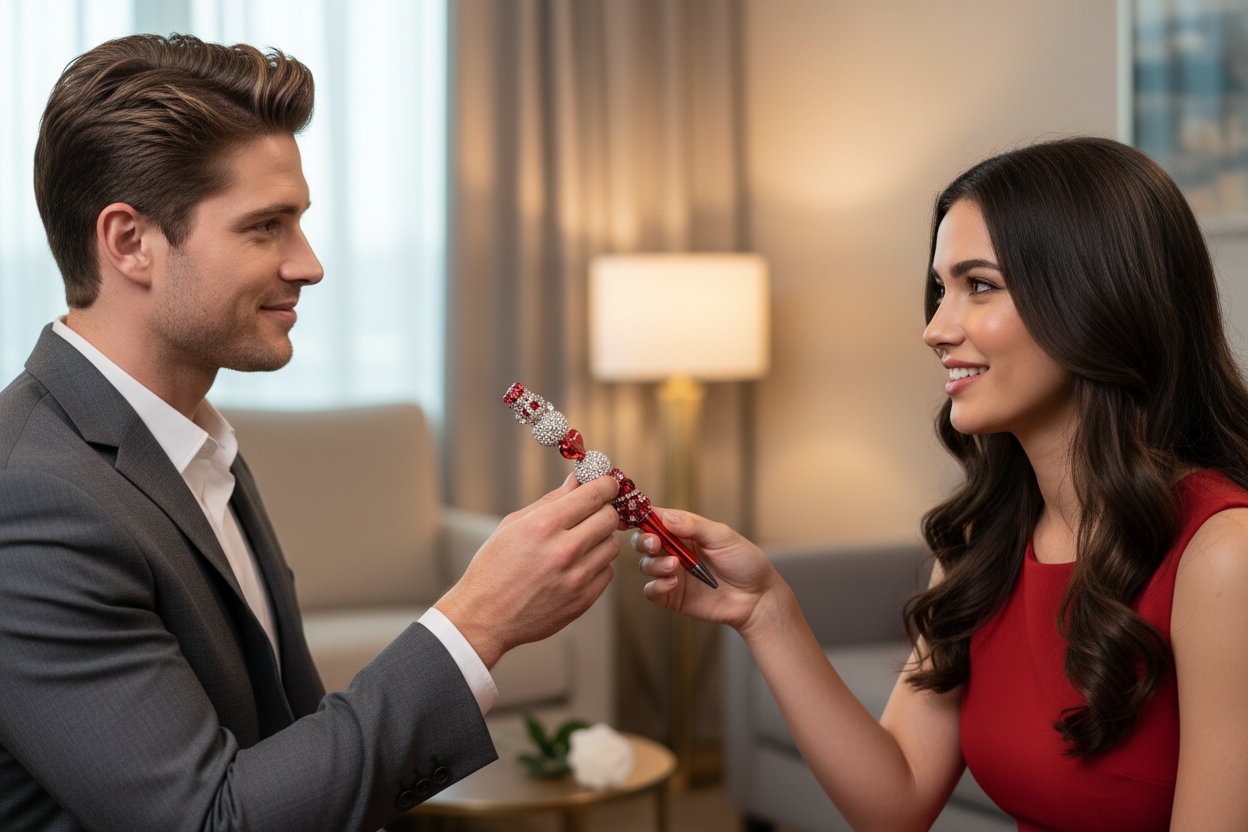 Man giving Red Crown Heart Pen to lady