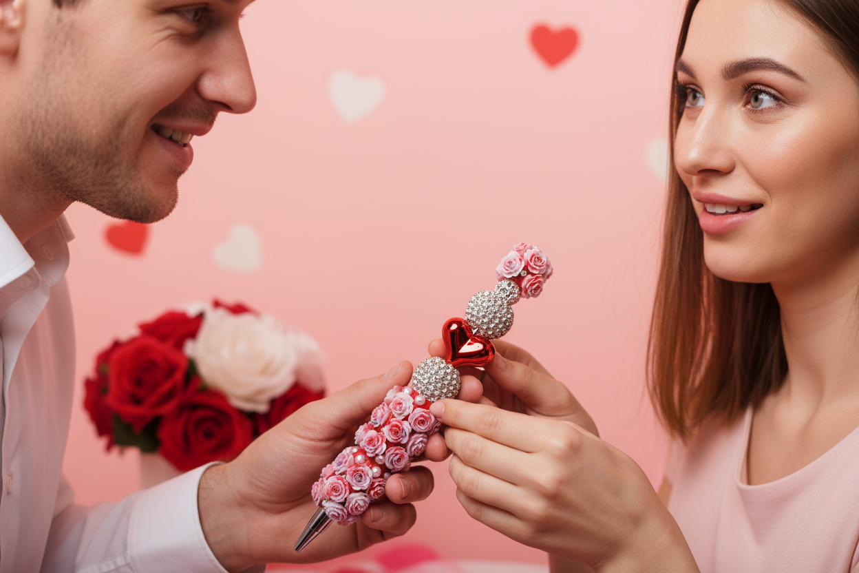 Man giving Roses In Love Pen to woman on Valentine's Day