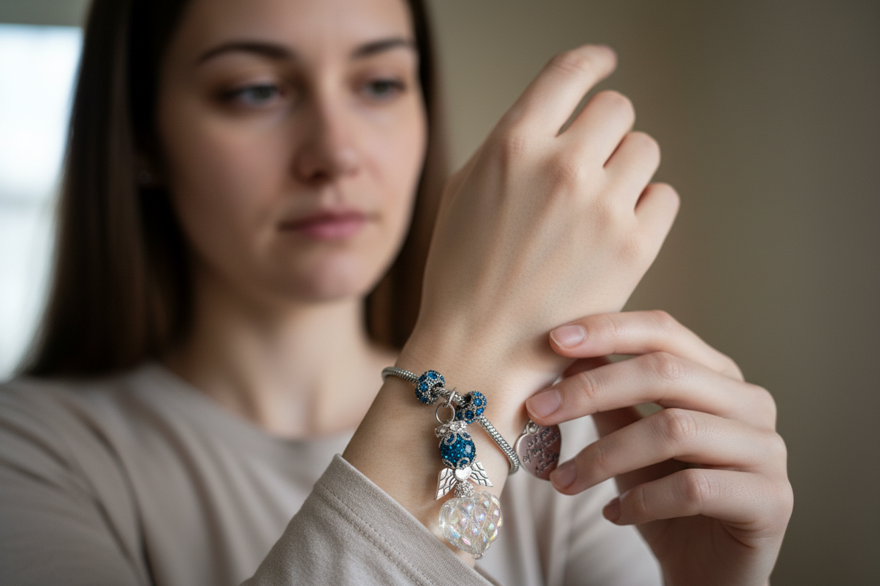 Memorial Angel Bracelet worn realistically on wrist