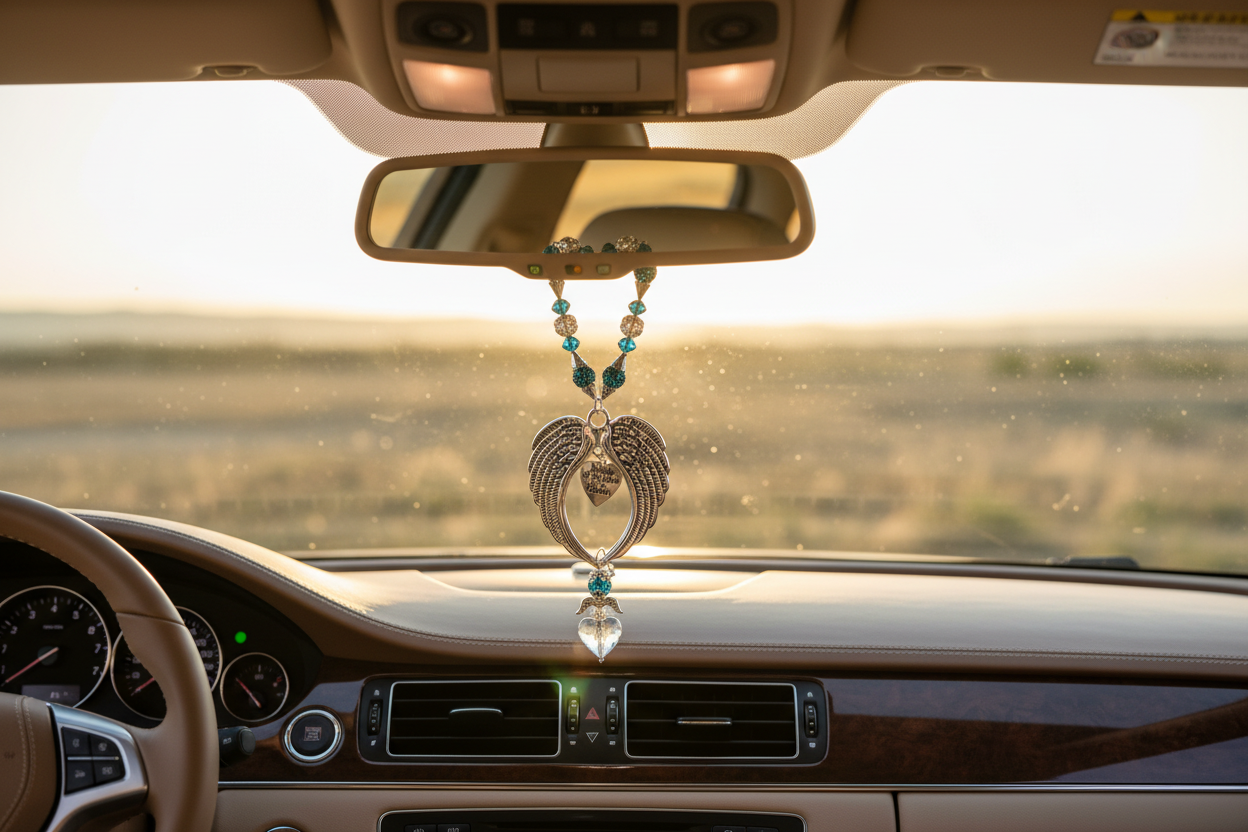 Memorial Wing Rear view Mirror Charm sparkling in sunlight