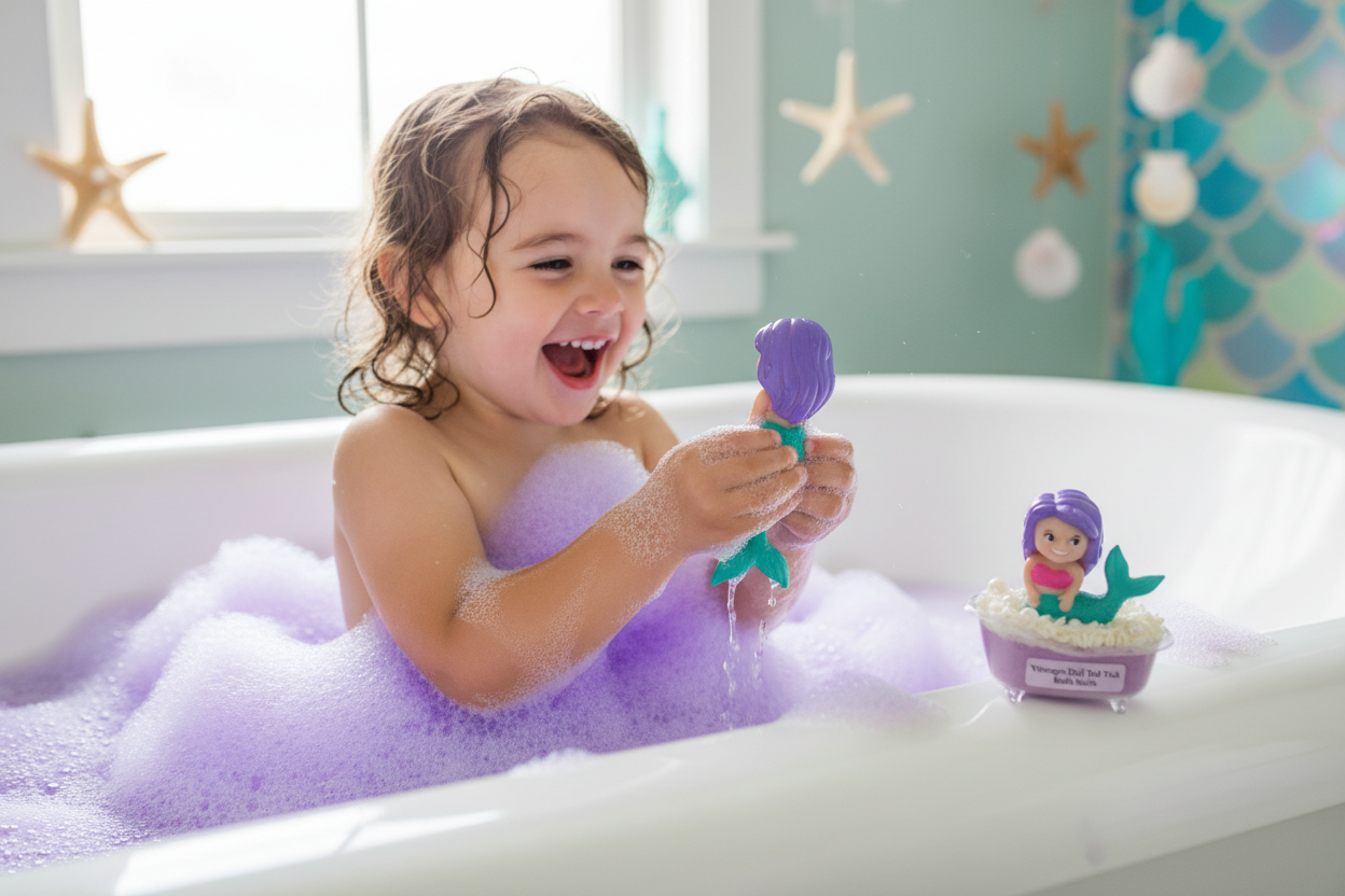 Mermaid Doll Tub Bath Salts with child playing in purple bubbles