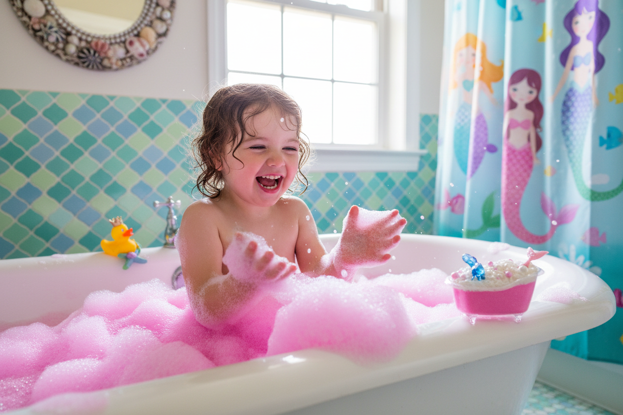 Mermaid Tail Bath Salts with child in pink bubbles