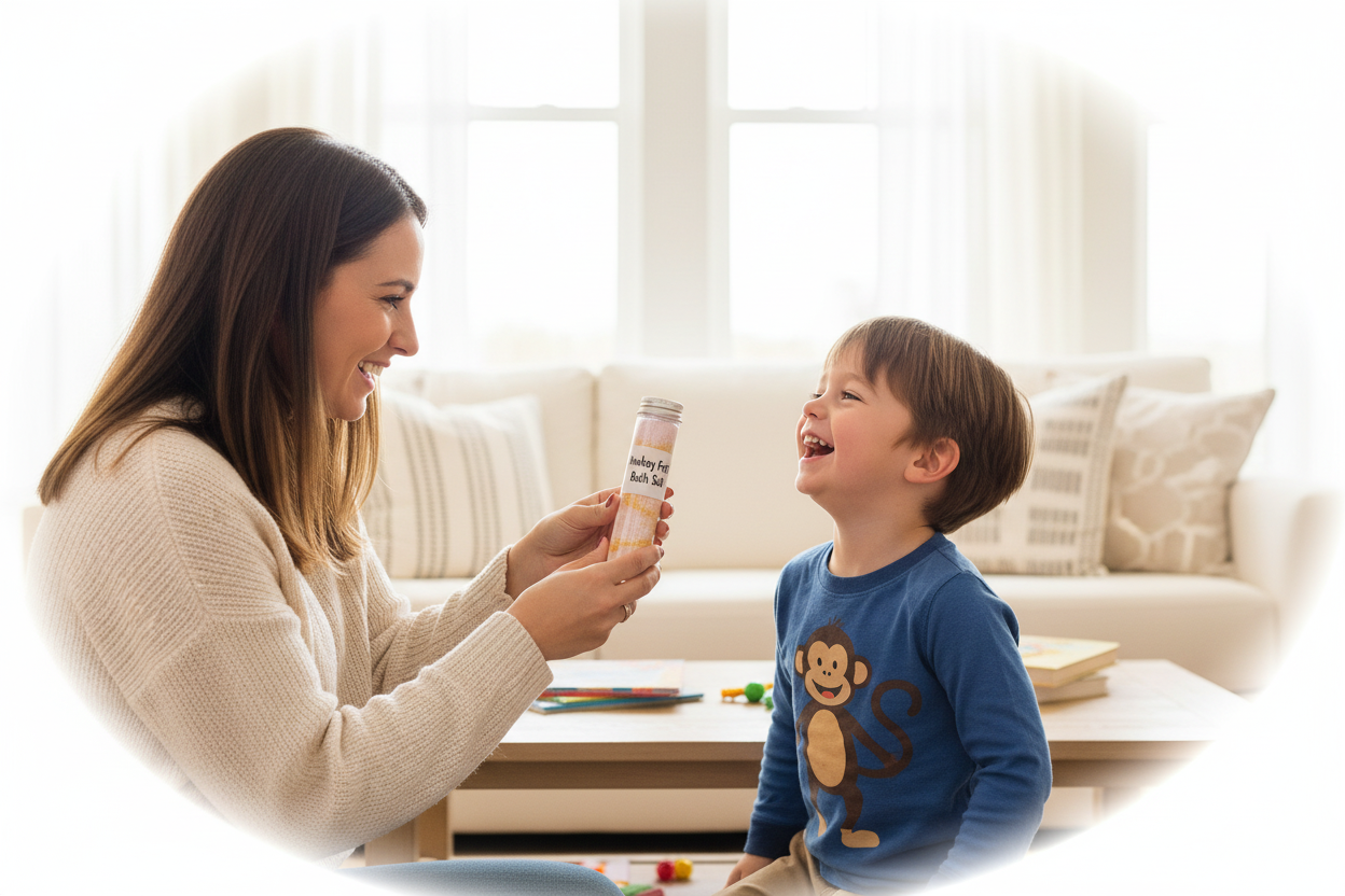 Monkey Fart Bath Salt mom and child laughing outside tub