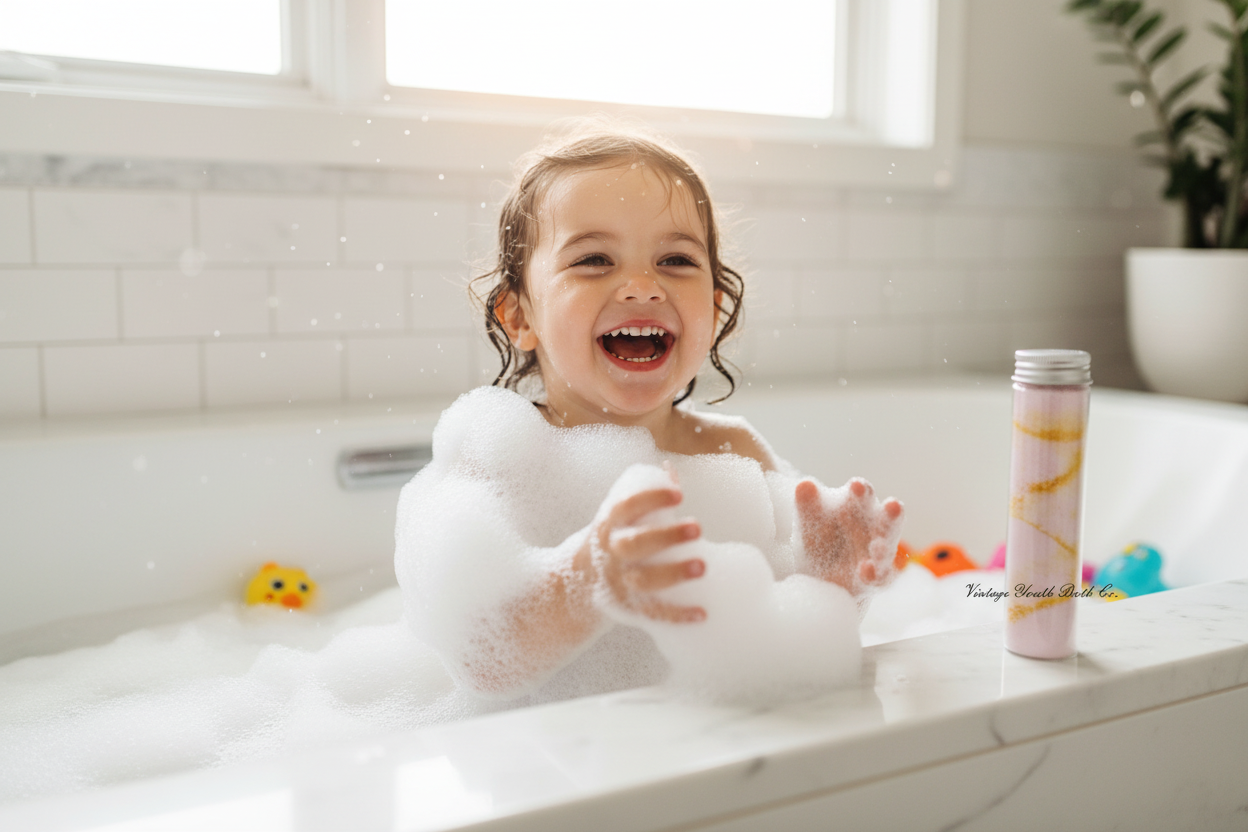 Monkey Fart Bath Salt with child in bubbles