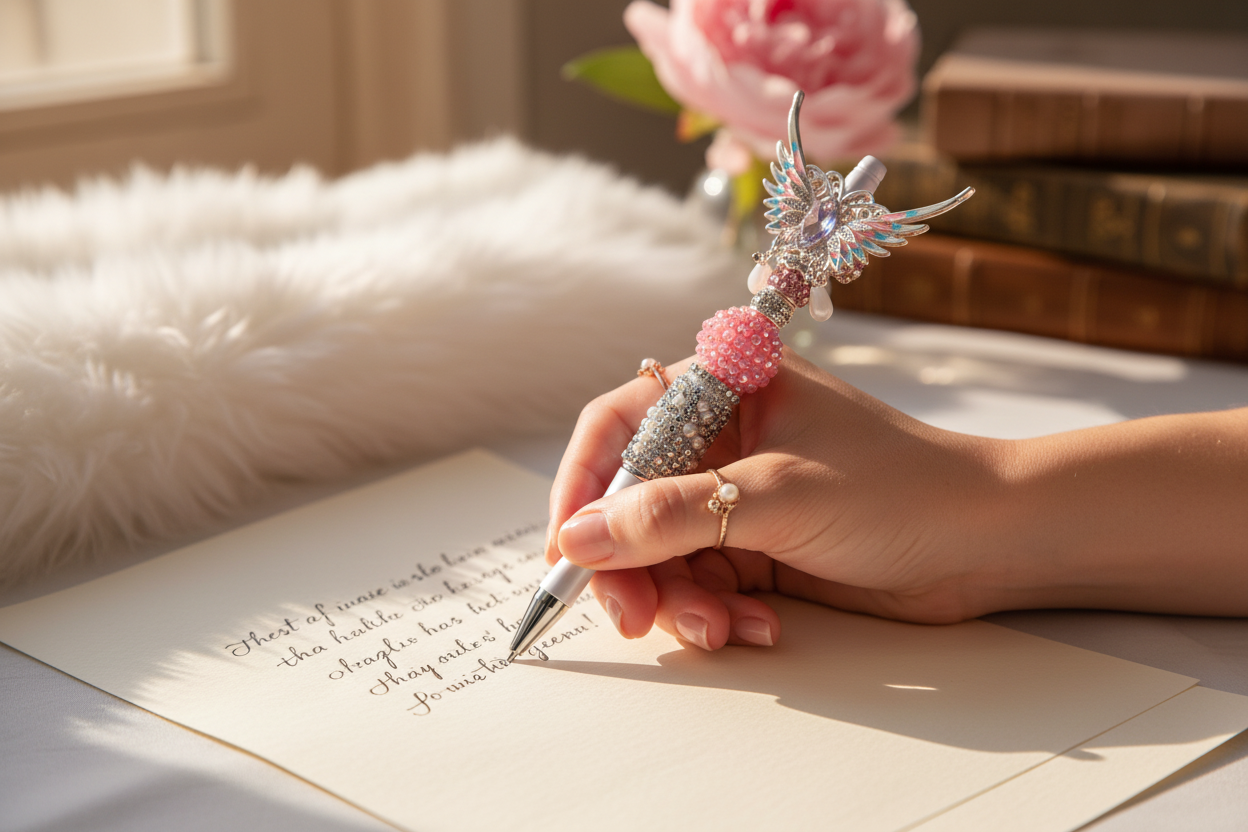 Pink Ball Wing Pen lifestyle image with lady writing