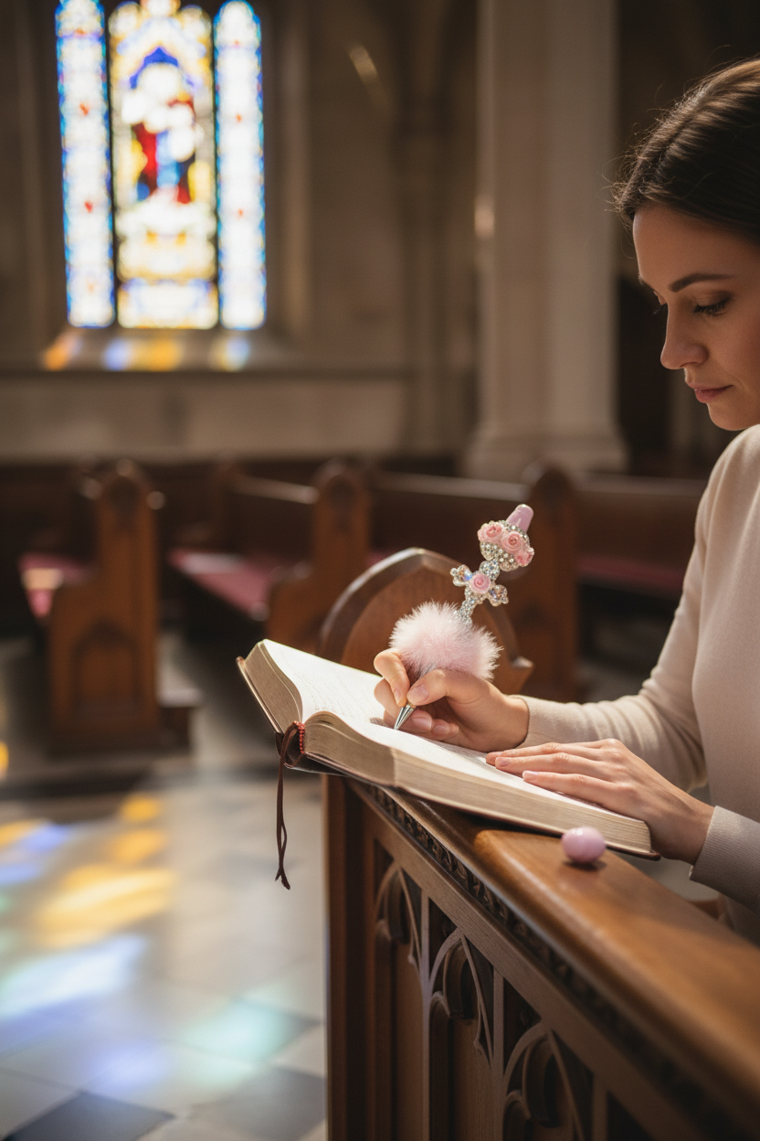 Pink Cross Pen in church lifestyle photo