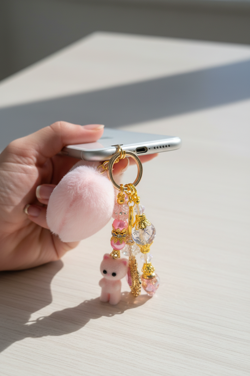 Pink Heart Dangle clipped to bottom of phone