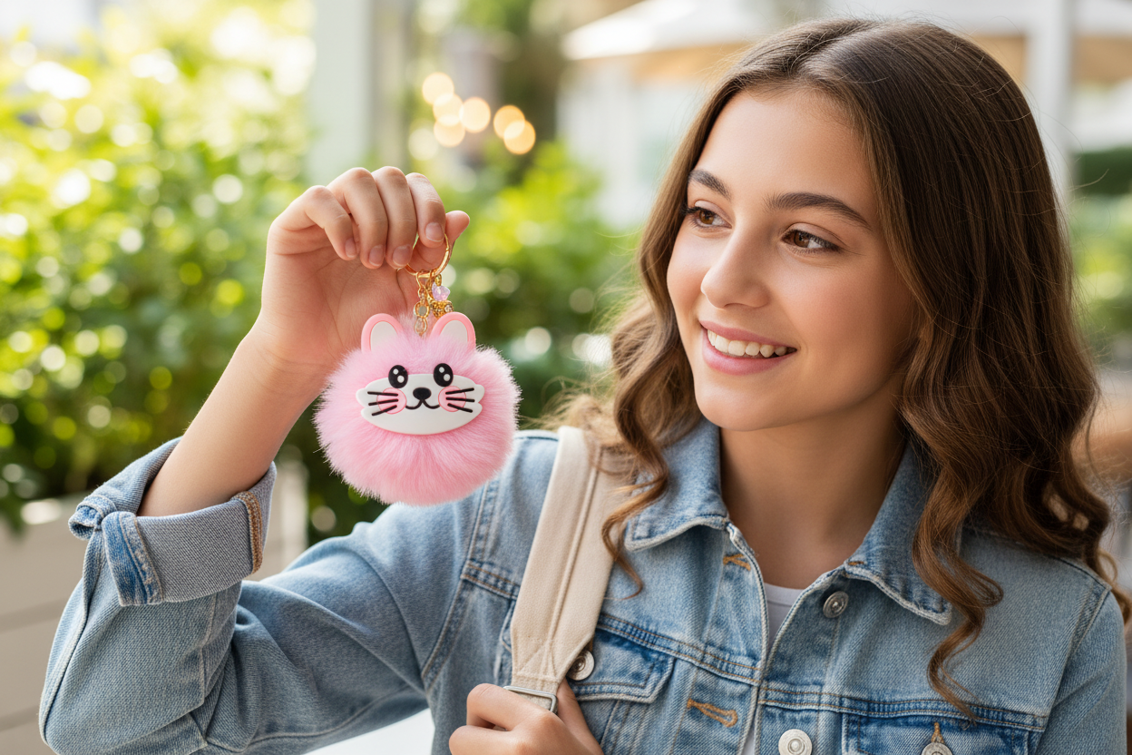 Pink Kitty Keychain lifestyle image with 13-year-old girl